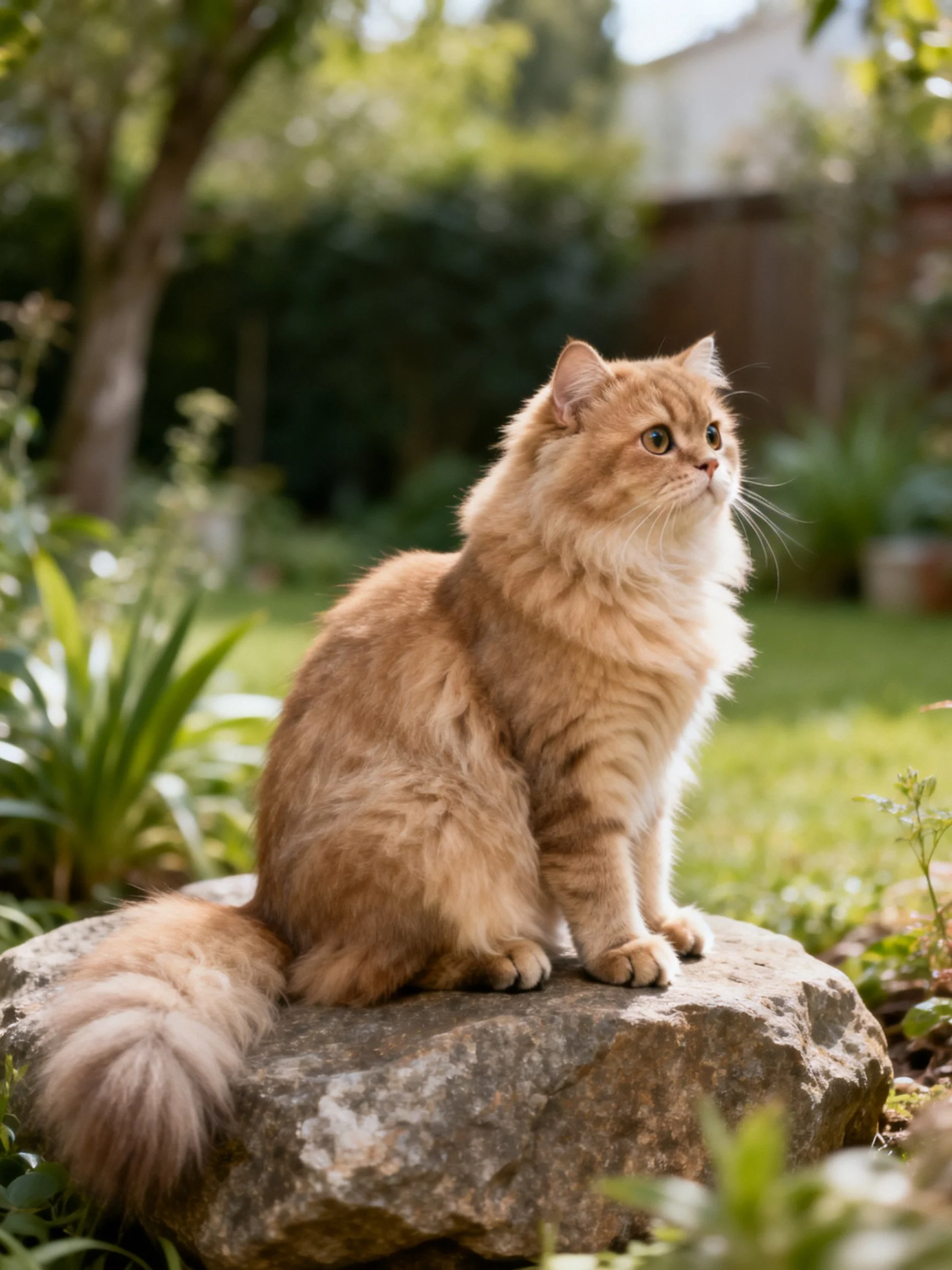 A fluffy orange cat sits on a rock in a sunlit garden.