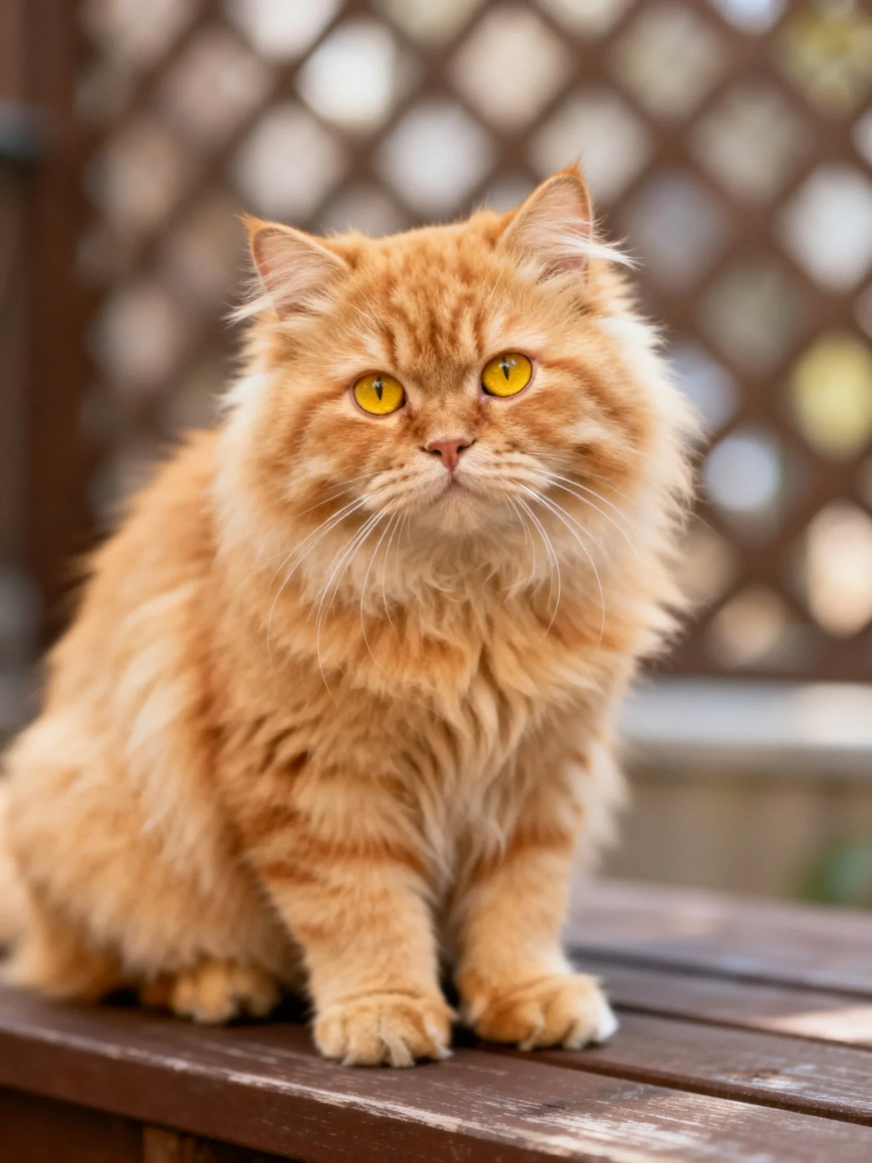 A fluffy orange cat sits calmly on a wooden bench outdoors