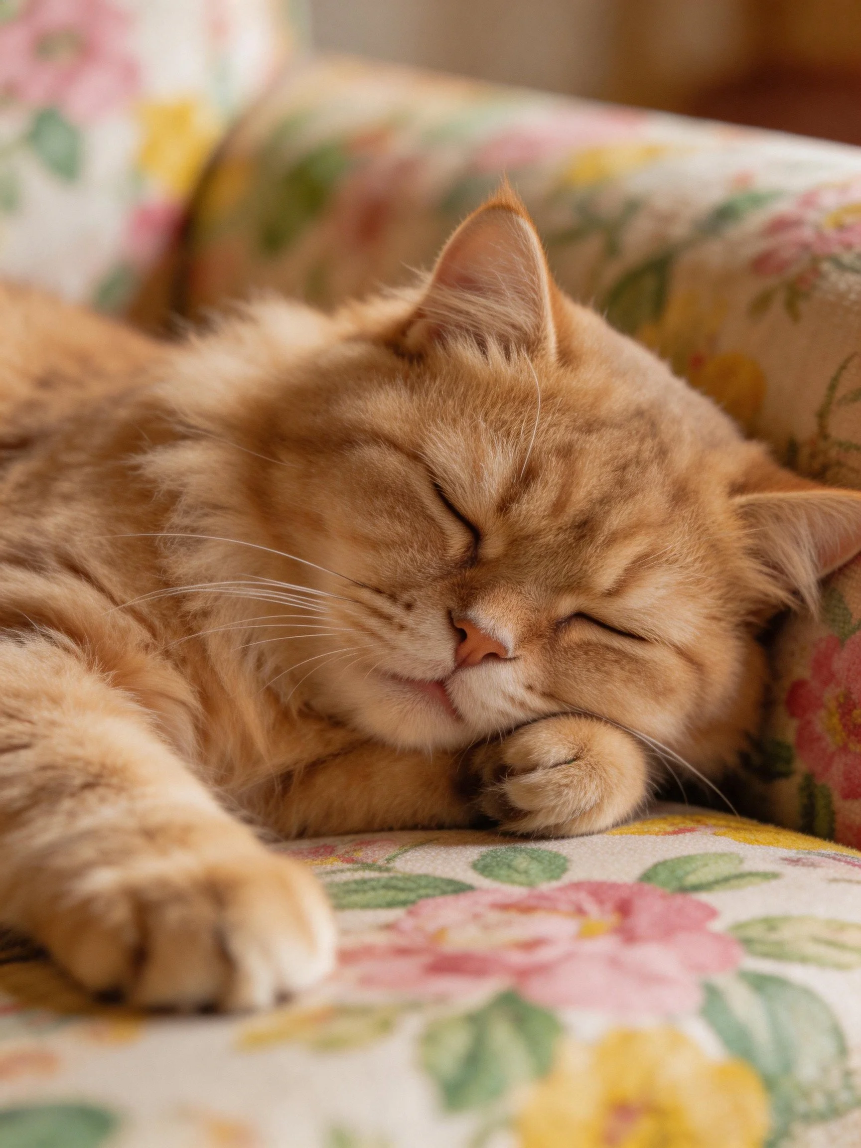 A fluffy orange cat sleeps on a floral-patterned couch