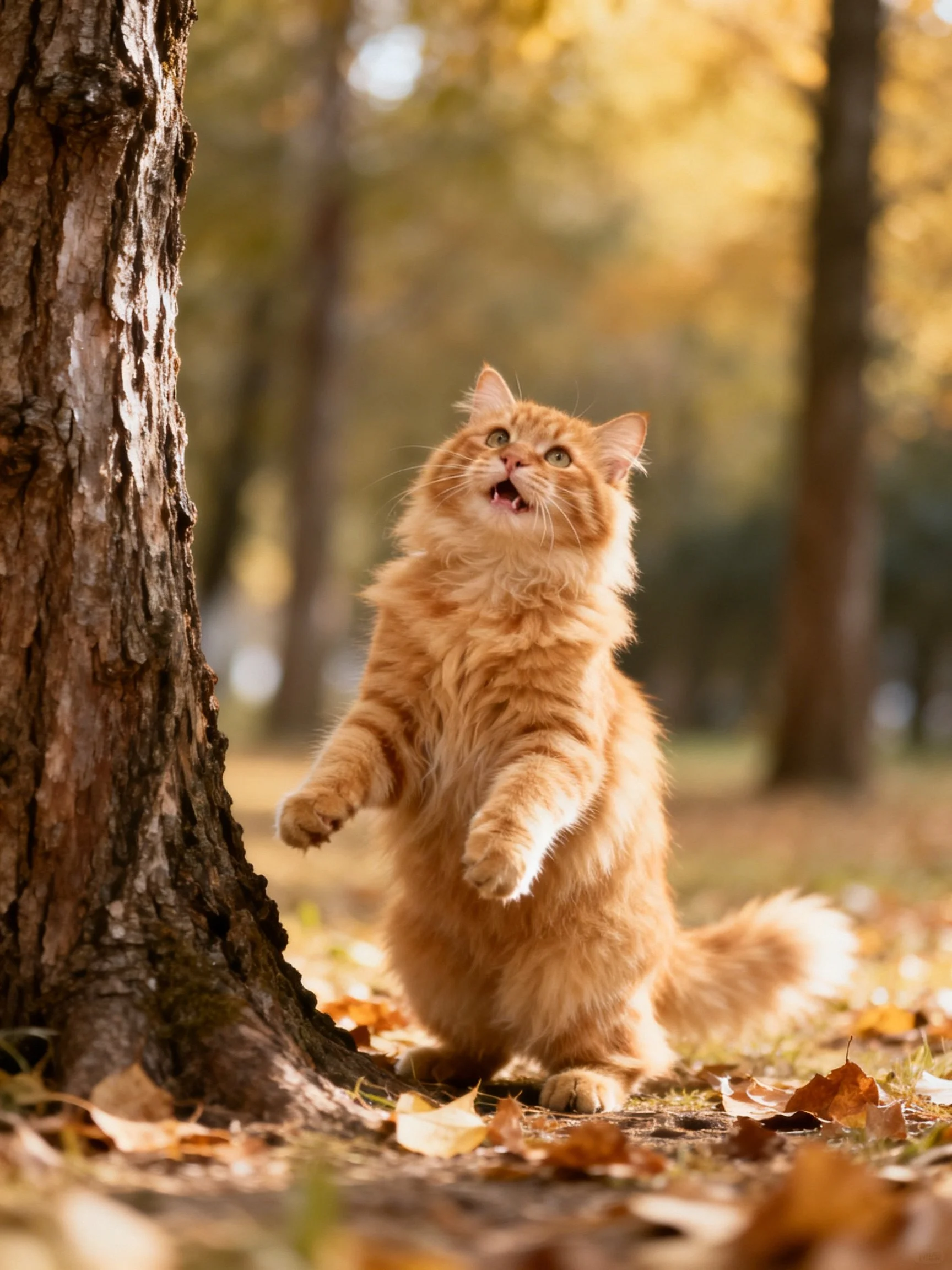 A fluffy orange cat stands beside a textured tree trunk in a golden autumn landscape.