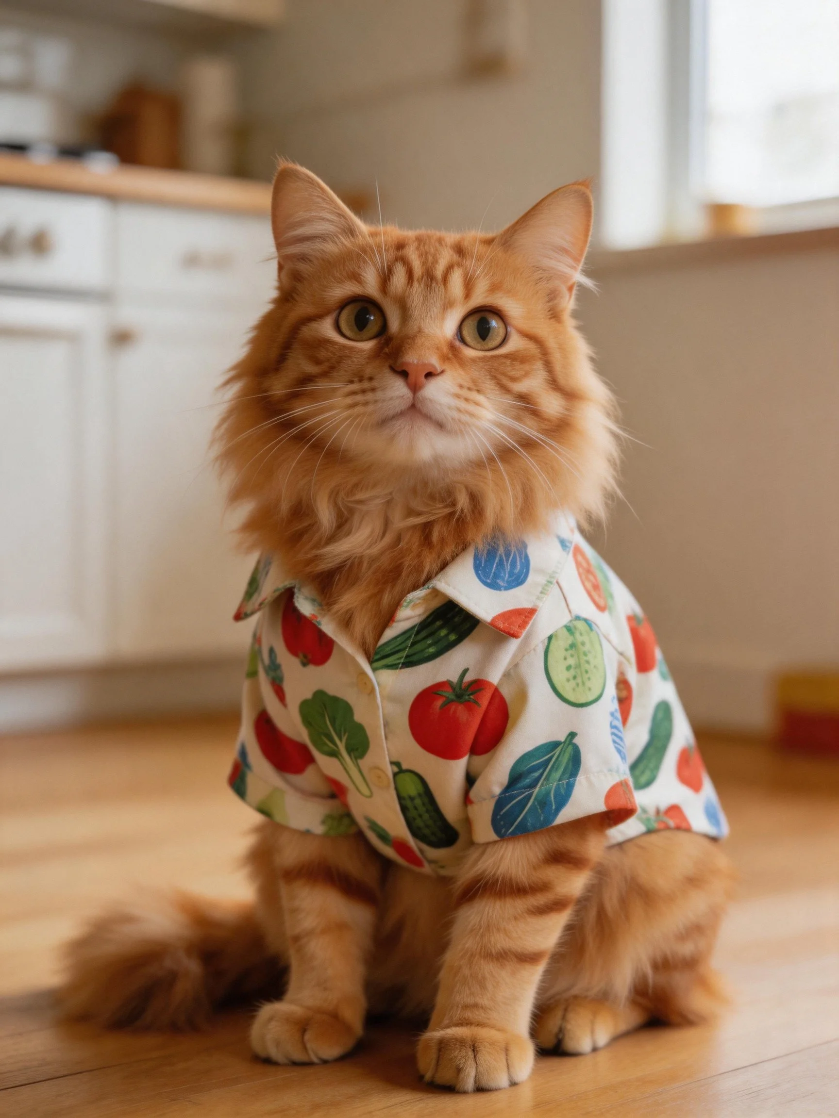 A fluffy orange cat wears a colorful veggie-print shirt indoors