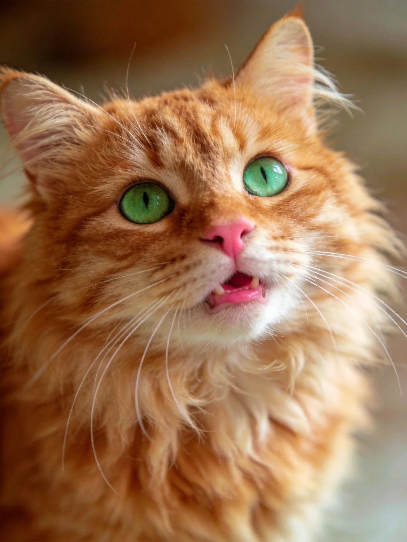 A fluffy orange cat with green eyes appears alert, mouth open.
