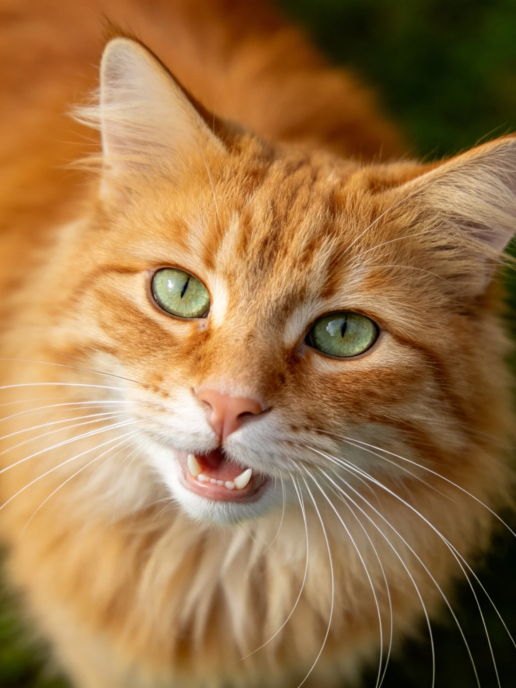 A close - up of a fluffy orange cat with bright green eyes.