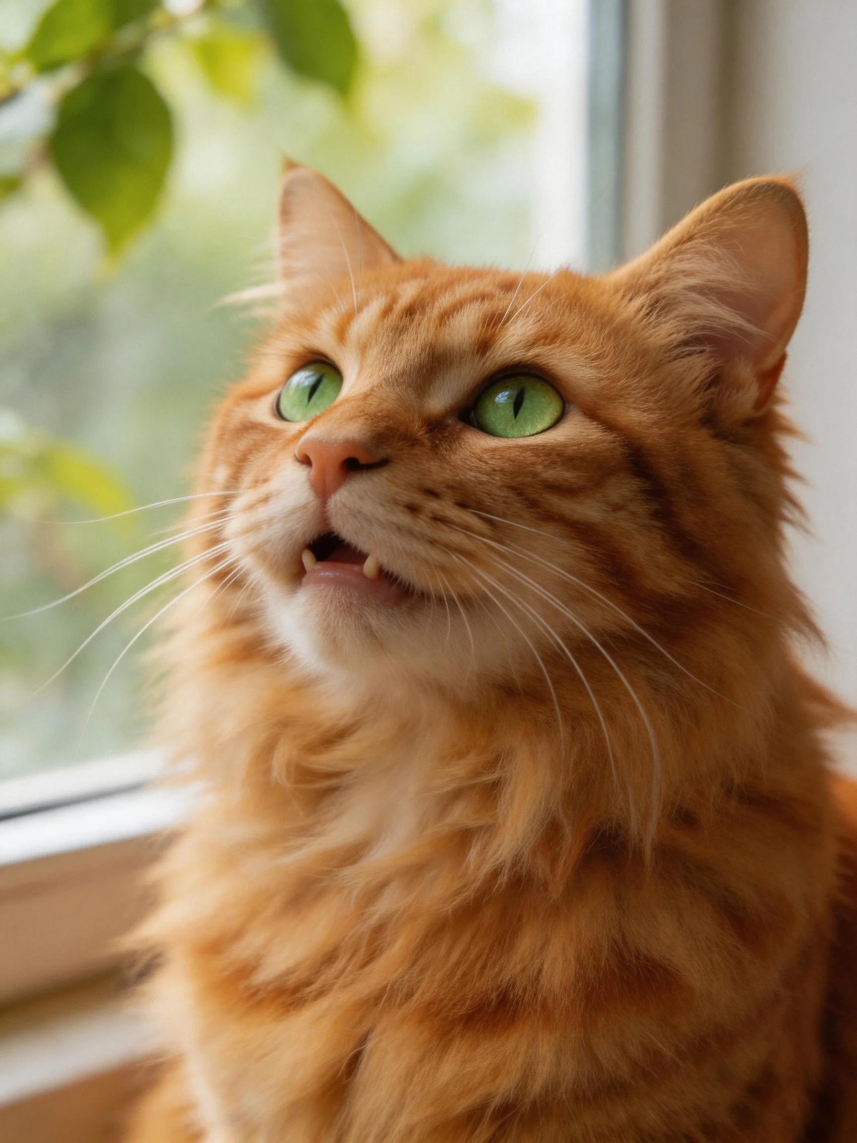 A fluffy orange cat with bright green eyes gazes upward near a sunlit window.