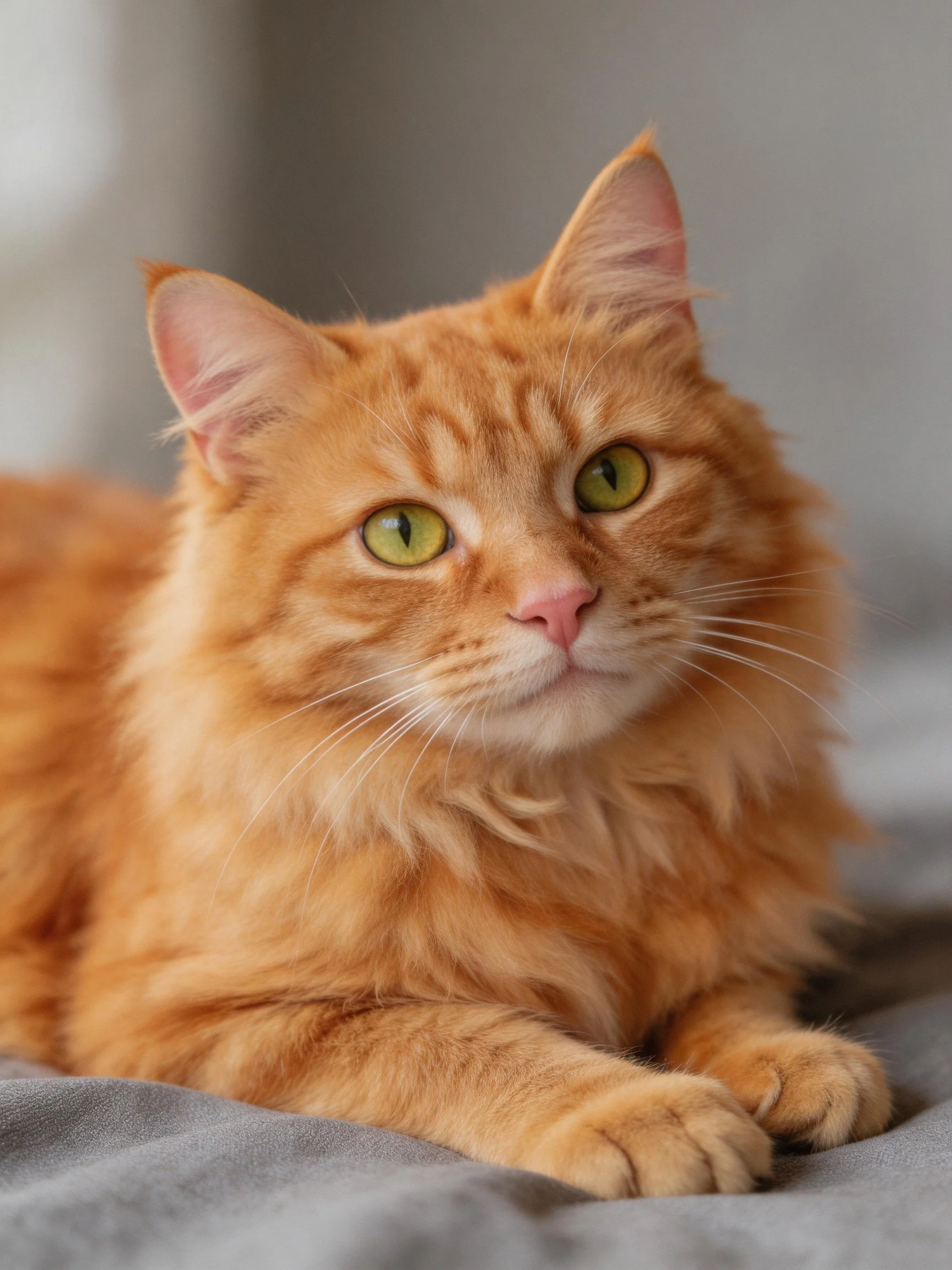 A fluffy orange cat with green eyes rests on gray fabric in a calm setting.