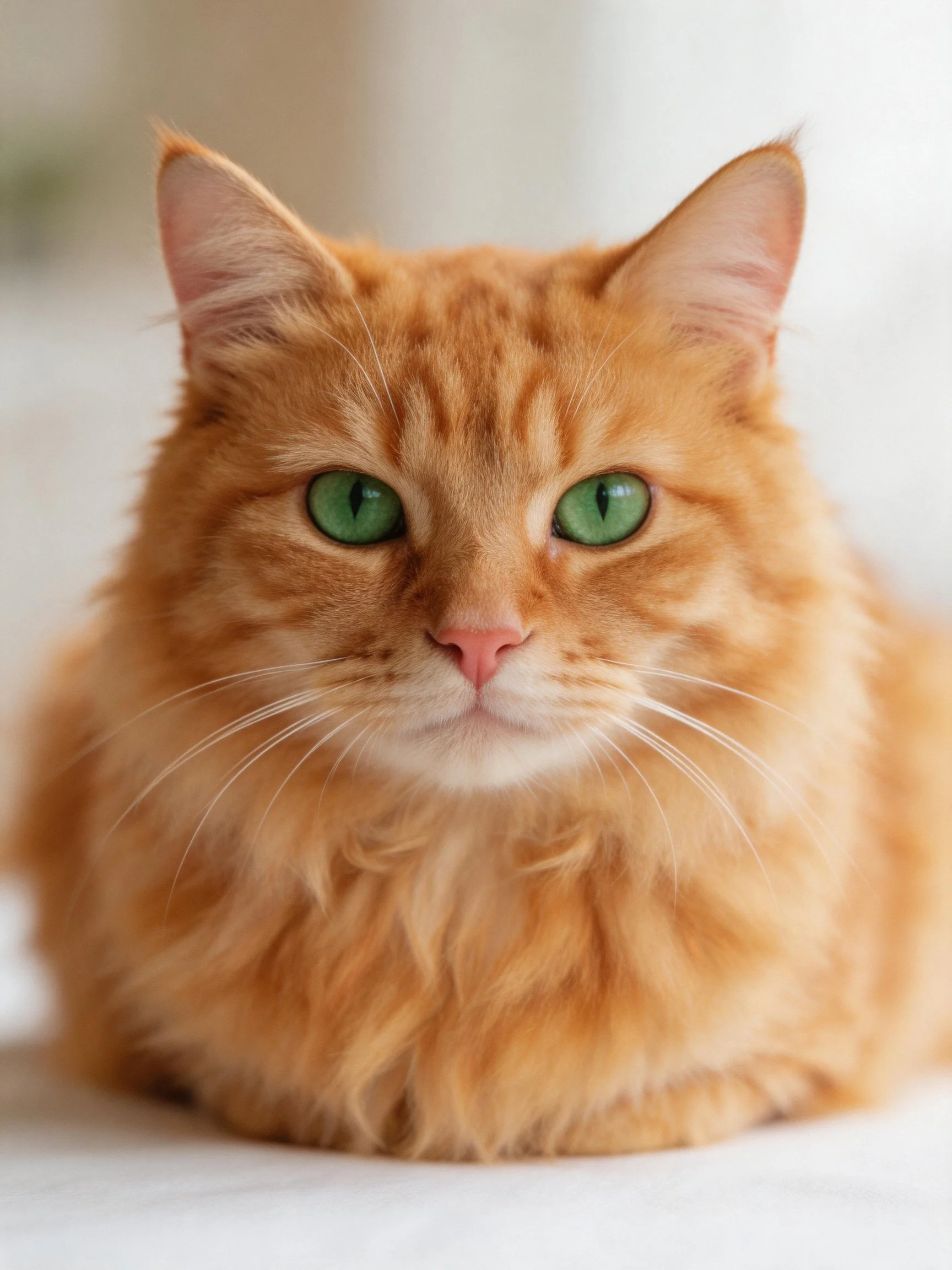 A fluffy orange cat with bright green eyes sits calmly.