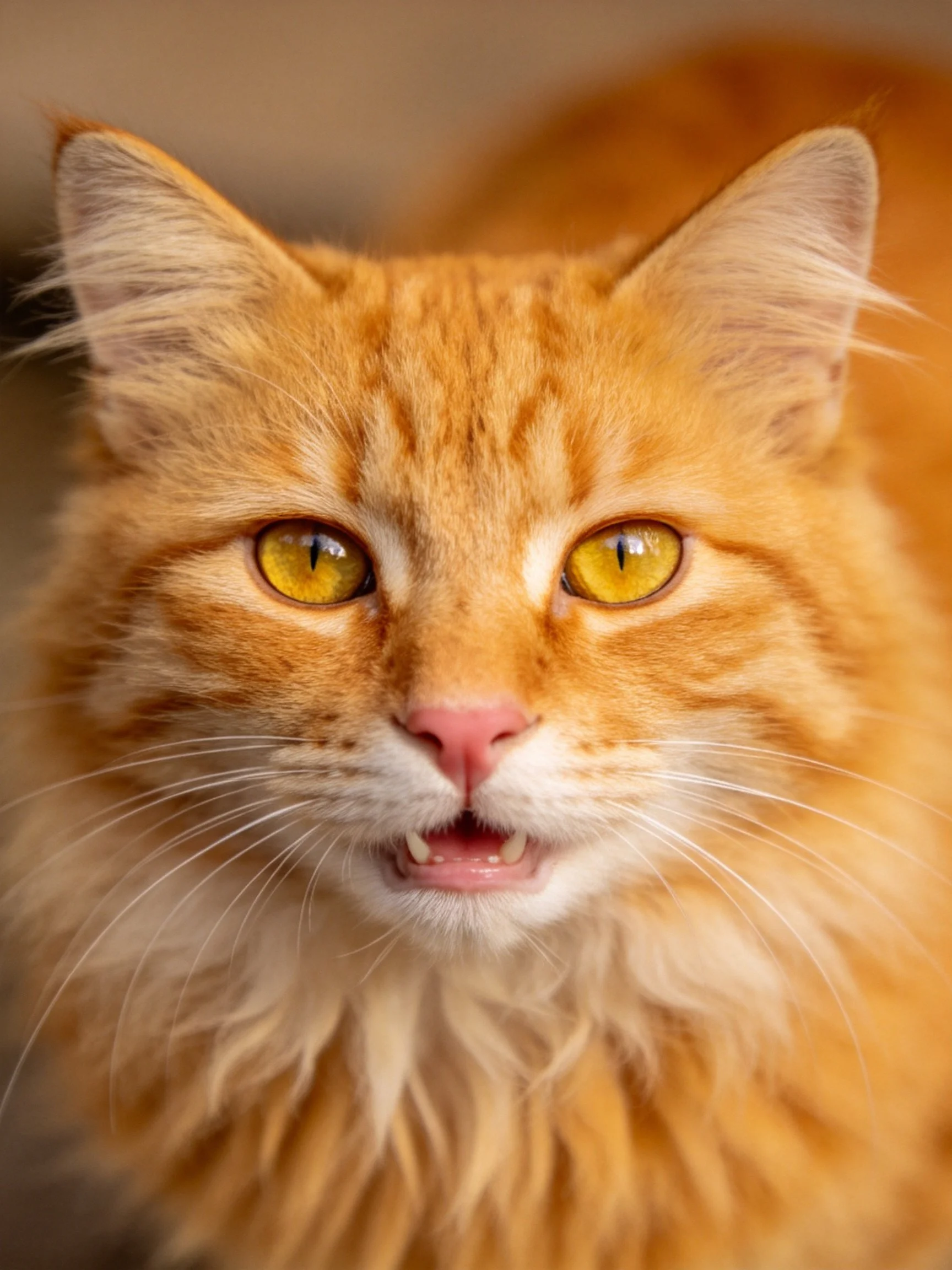 A close - up of a fluffy orange cat with bright yellow eyes.