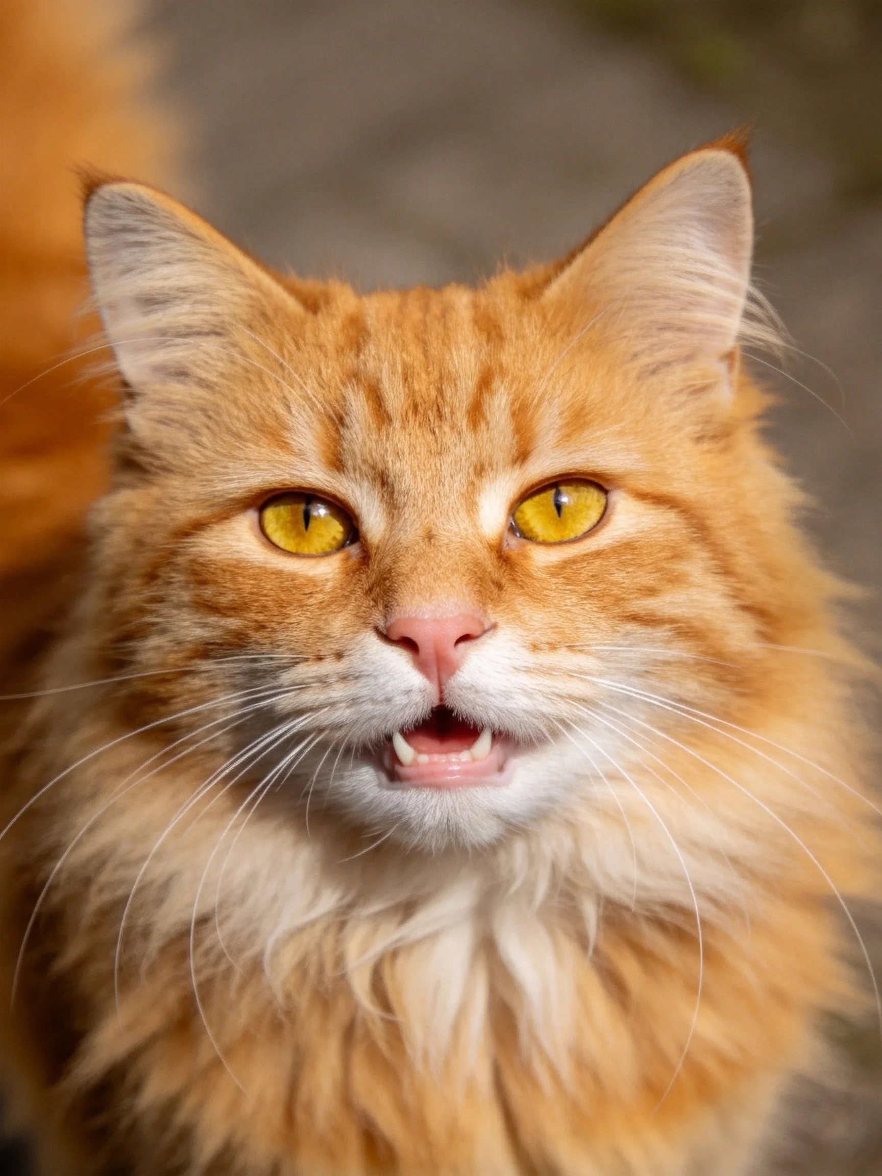 A close - up of a fluffy orange cat with bright yellow eyes.
