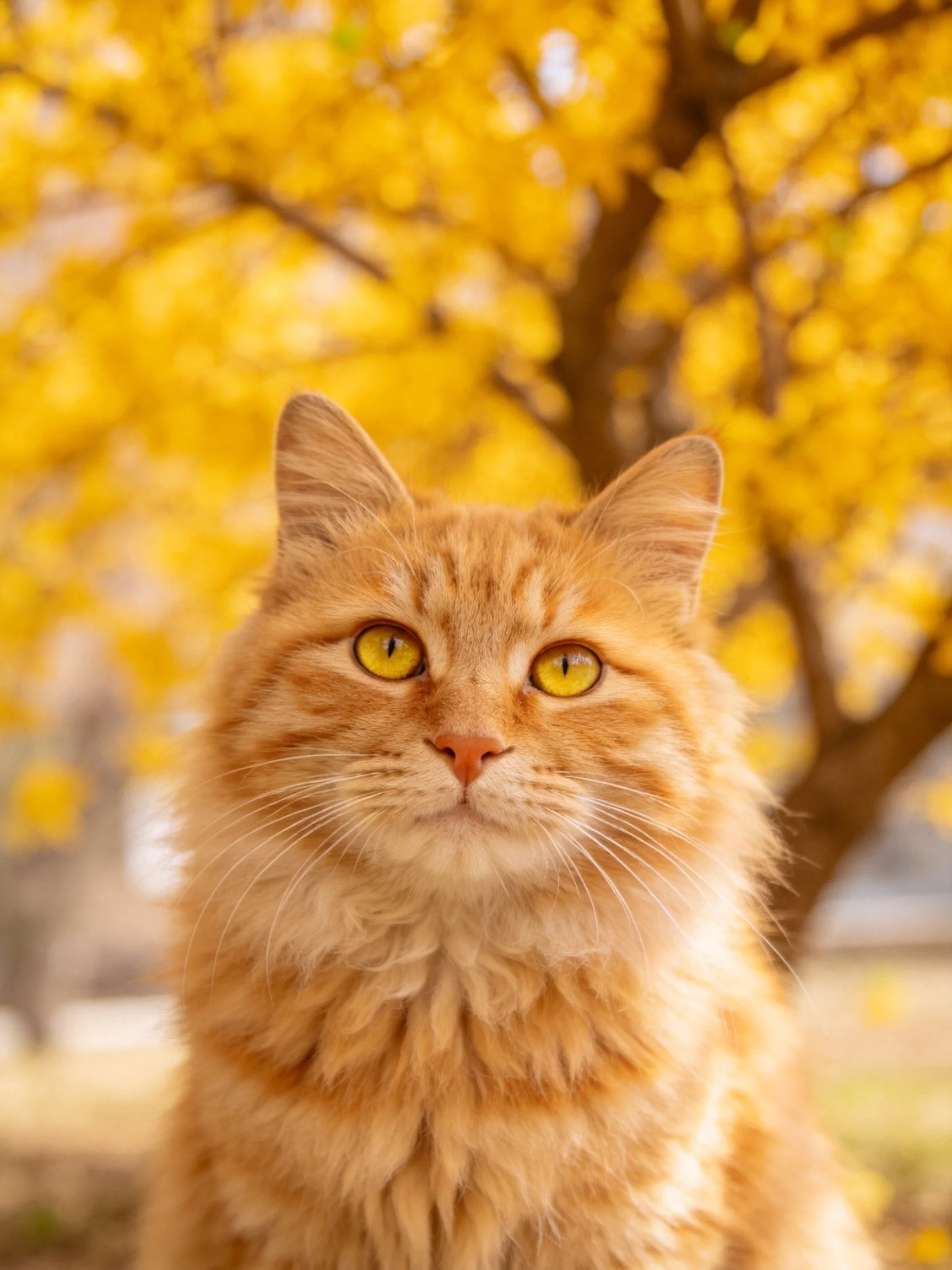 An orange cat with yellow eyes stands before a golden autumn tree.
