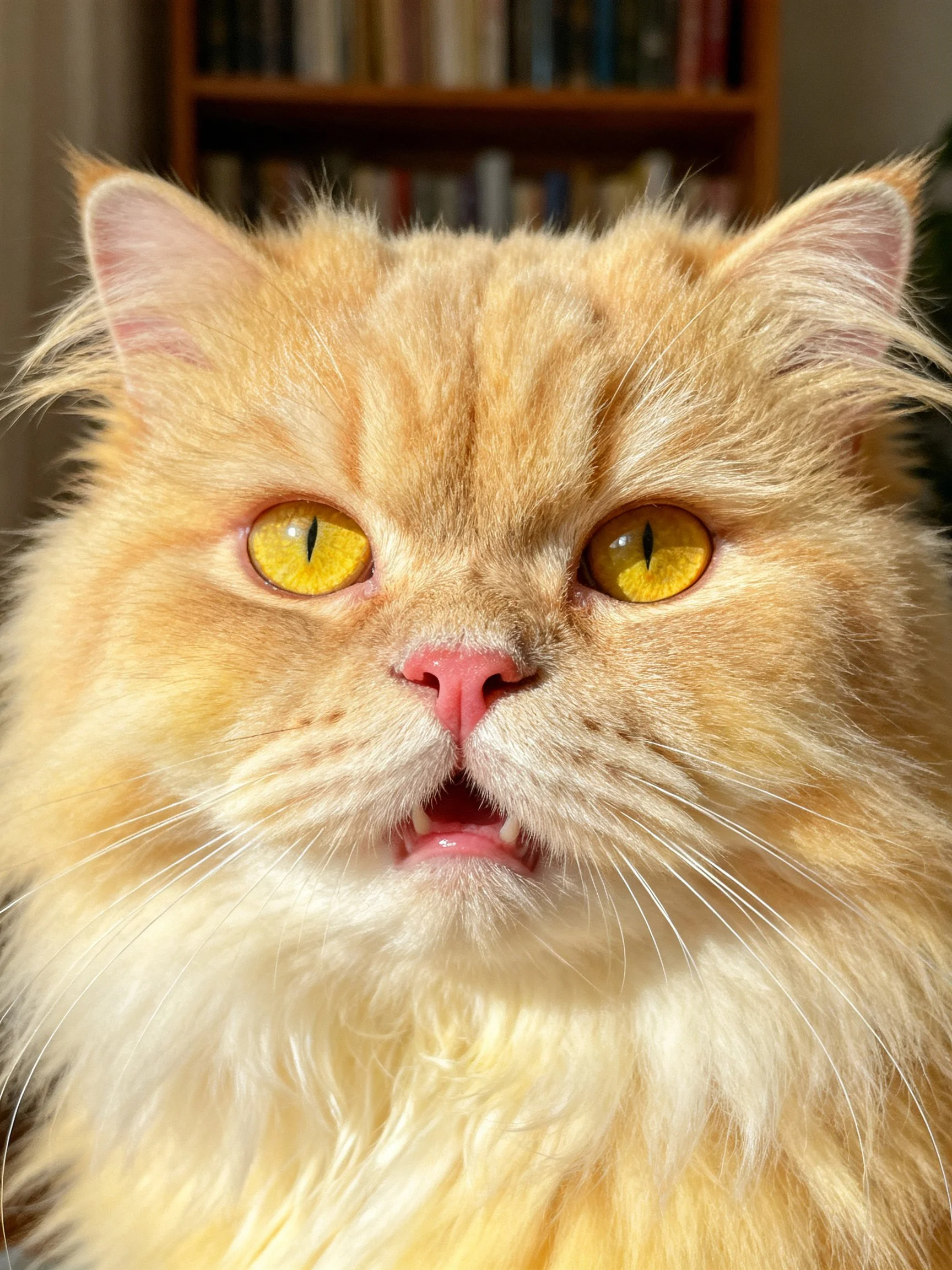 A fluffy orange cat with bright yellow eyes is positioned near a wooden bookshelf