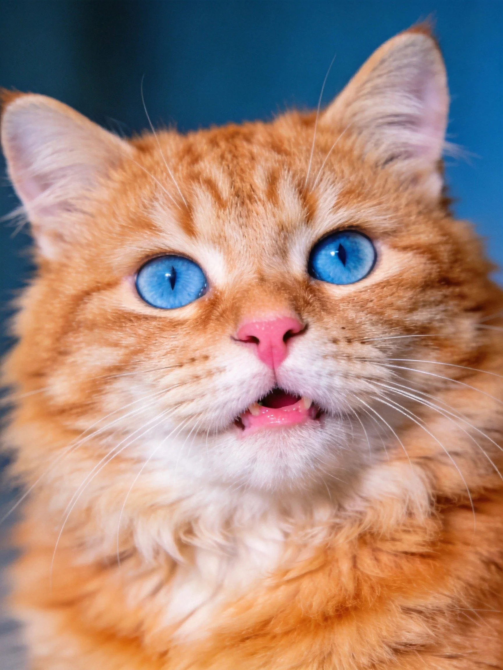 A fluffy orange cat with striking blue eyes