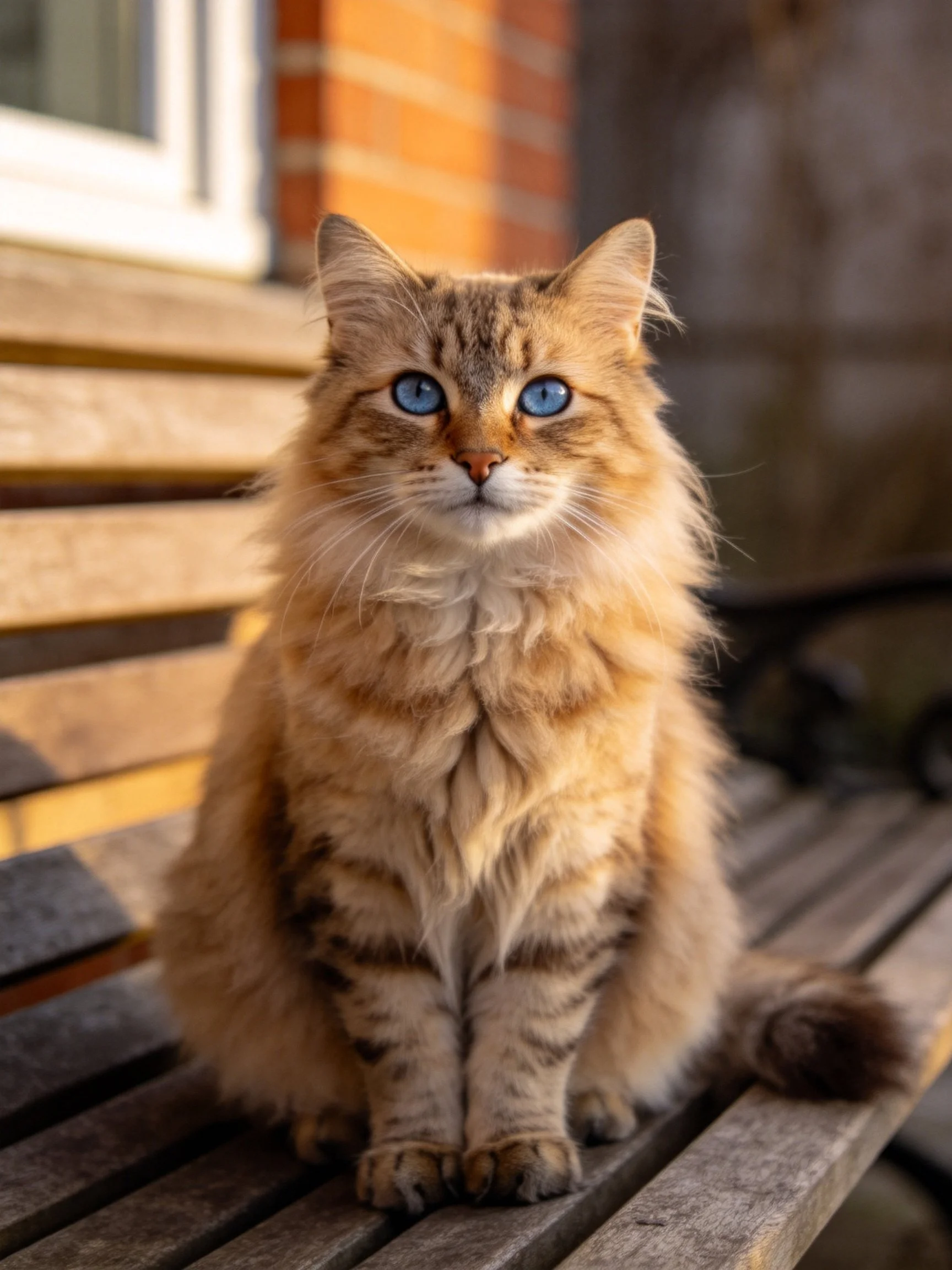 A fluffy orange cat with striking blue eyes sits on a weathered wooden bench