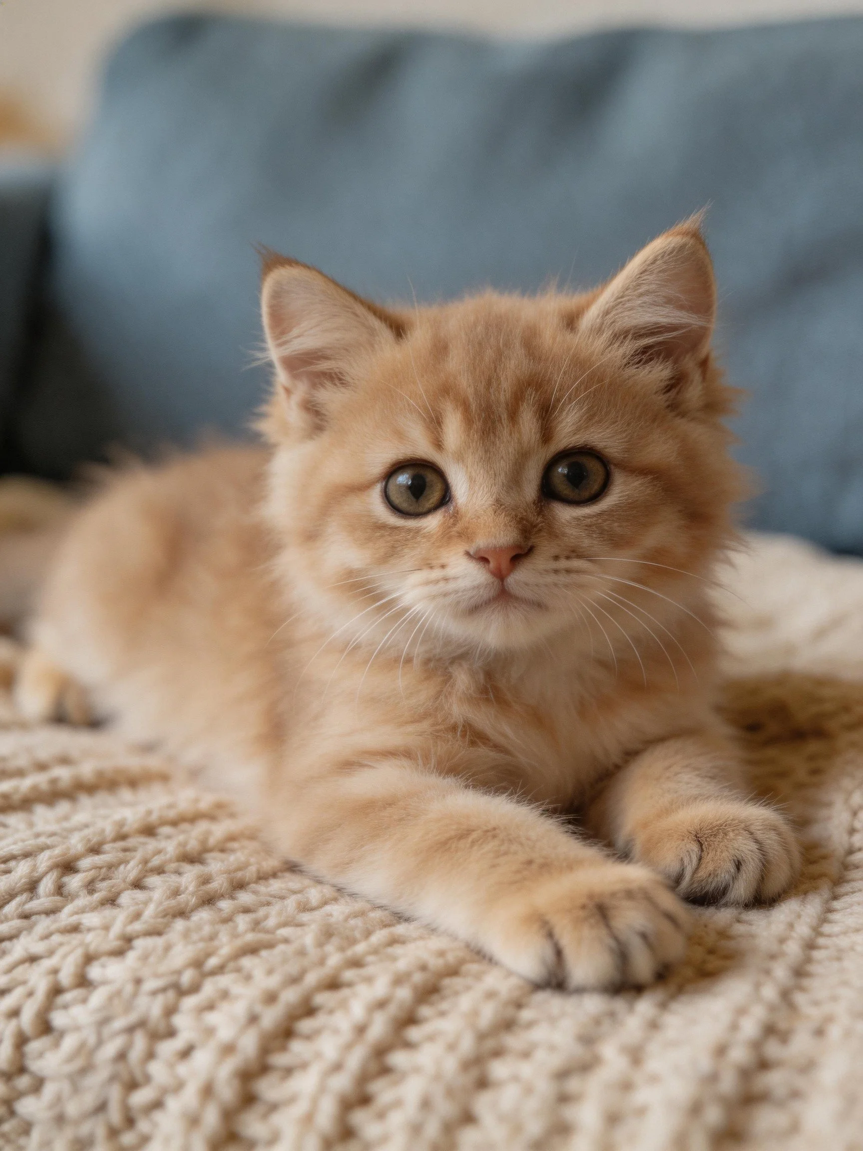 A fluffy orange kitten resting on a textured beige blanket