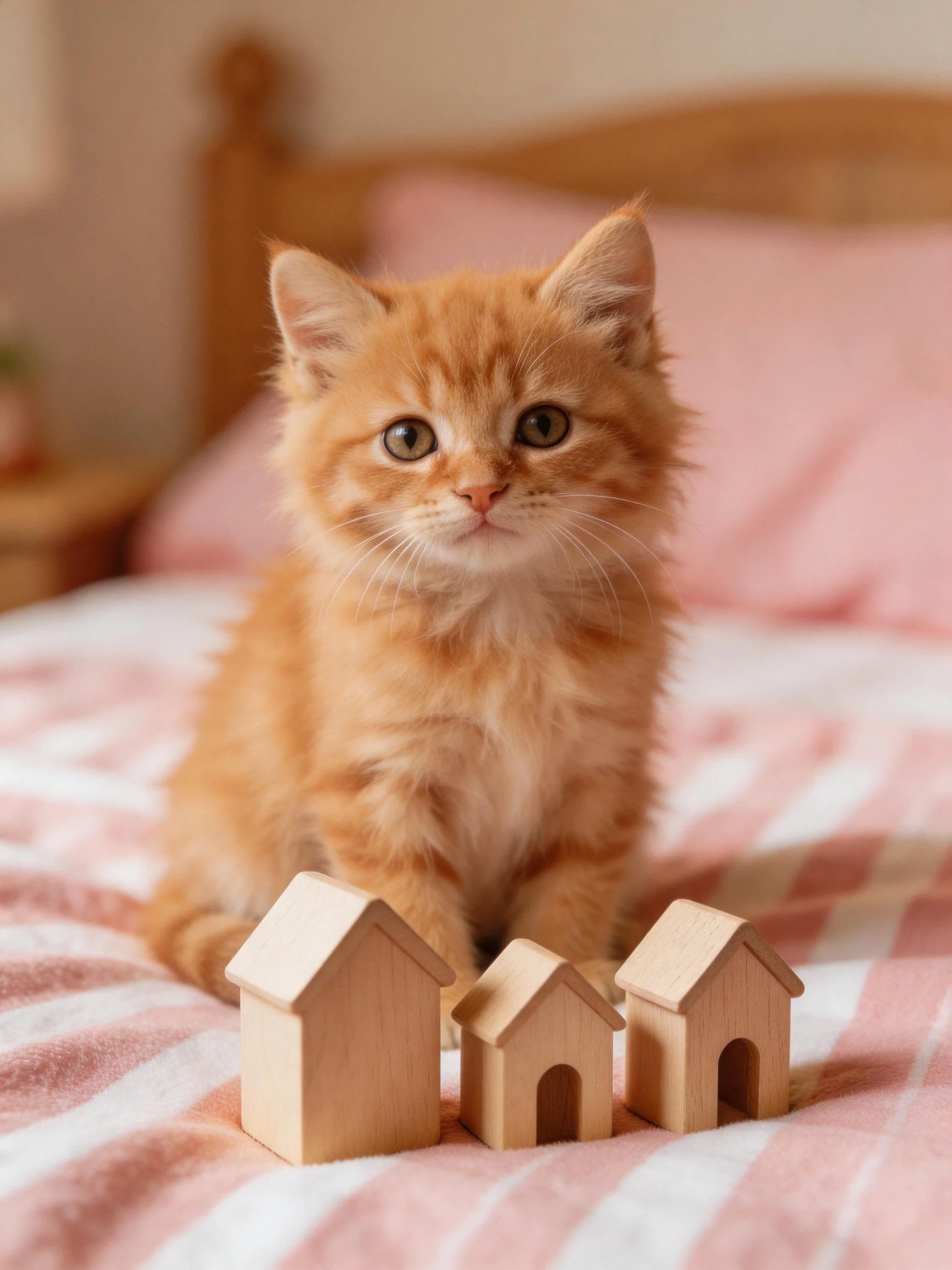 An orange kitten sits beside tiny wooden houses on a pink bed.