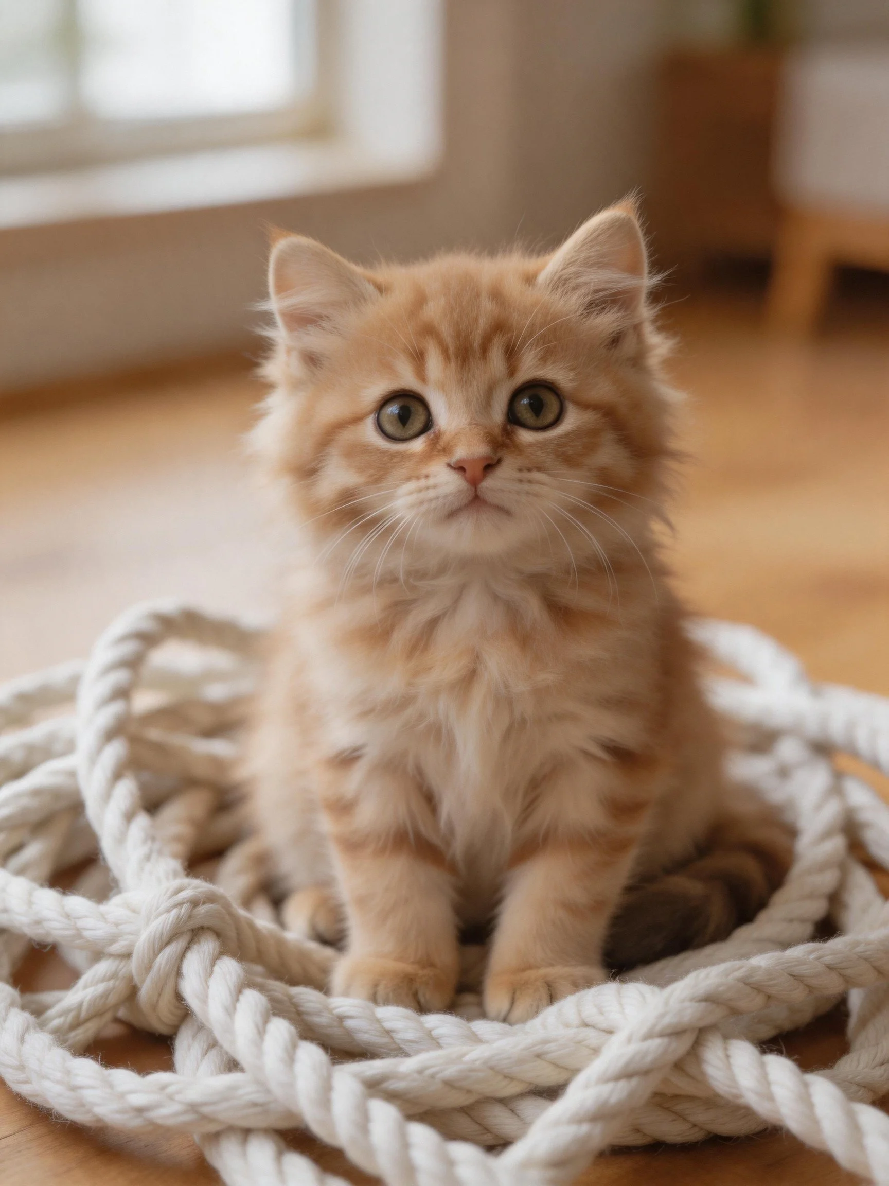 A fluffy orange kitten sits on thick white rope indoors