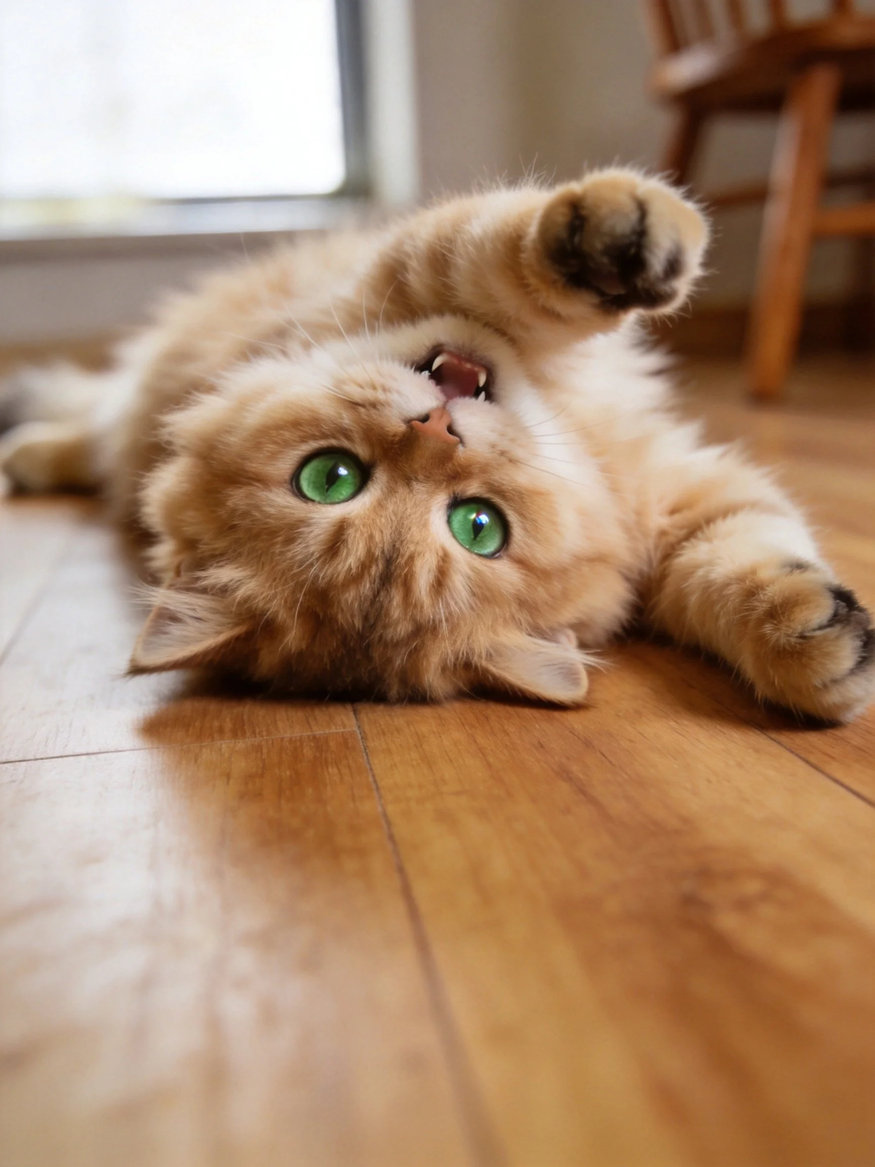 A fluffy orange kitten with bright green eyes plays on a wooden floor