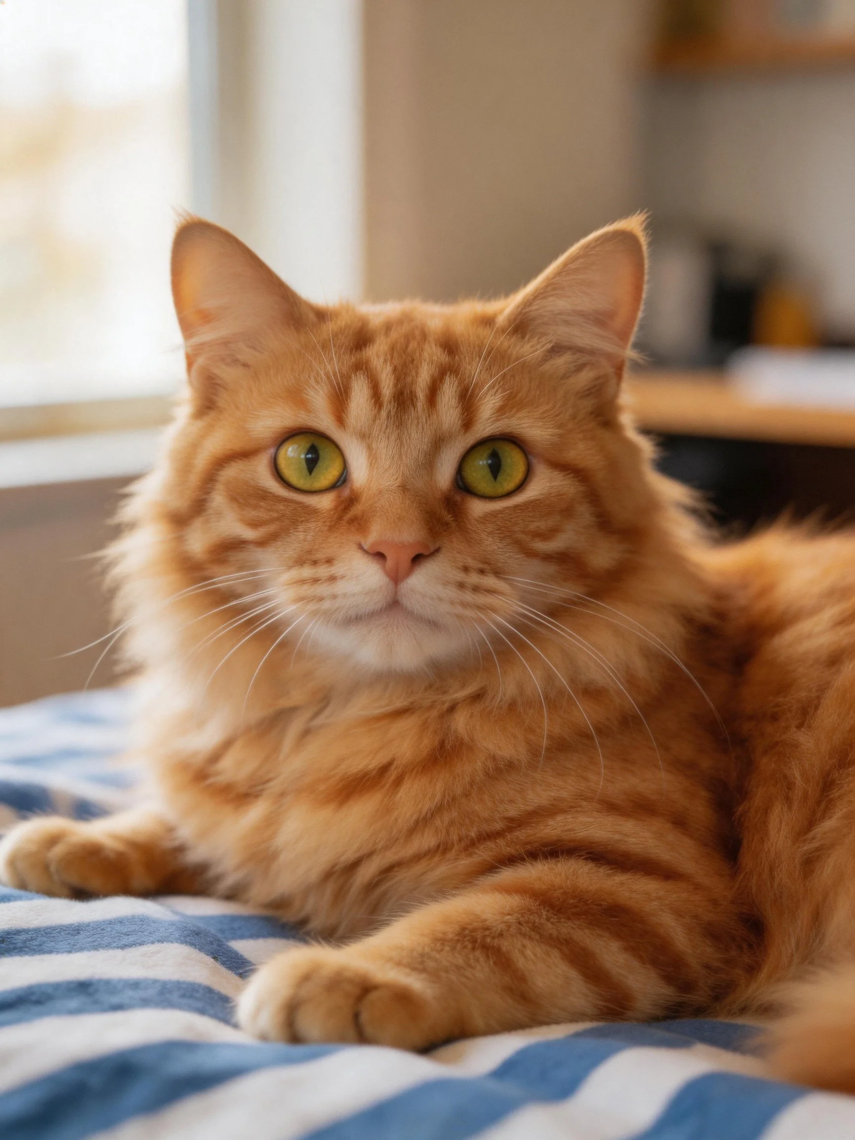 A fluffy orange tabby cat relaxes on a blue and white striped fabric indoors