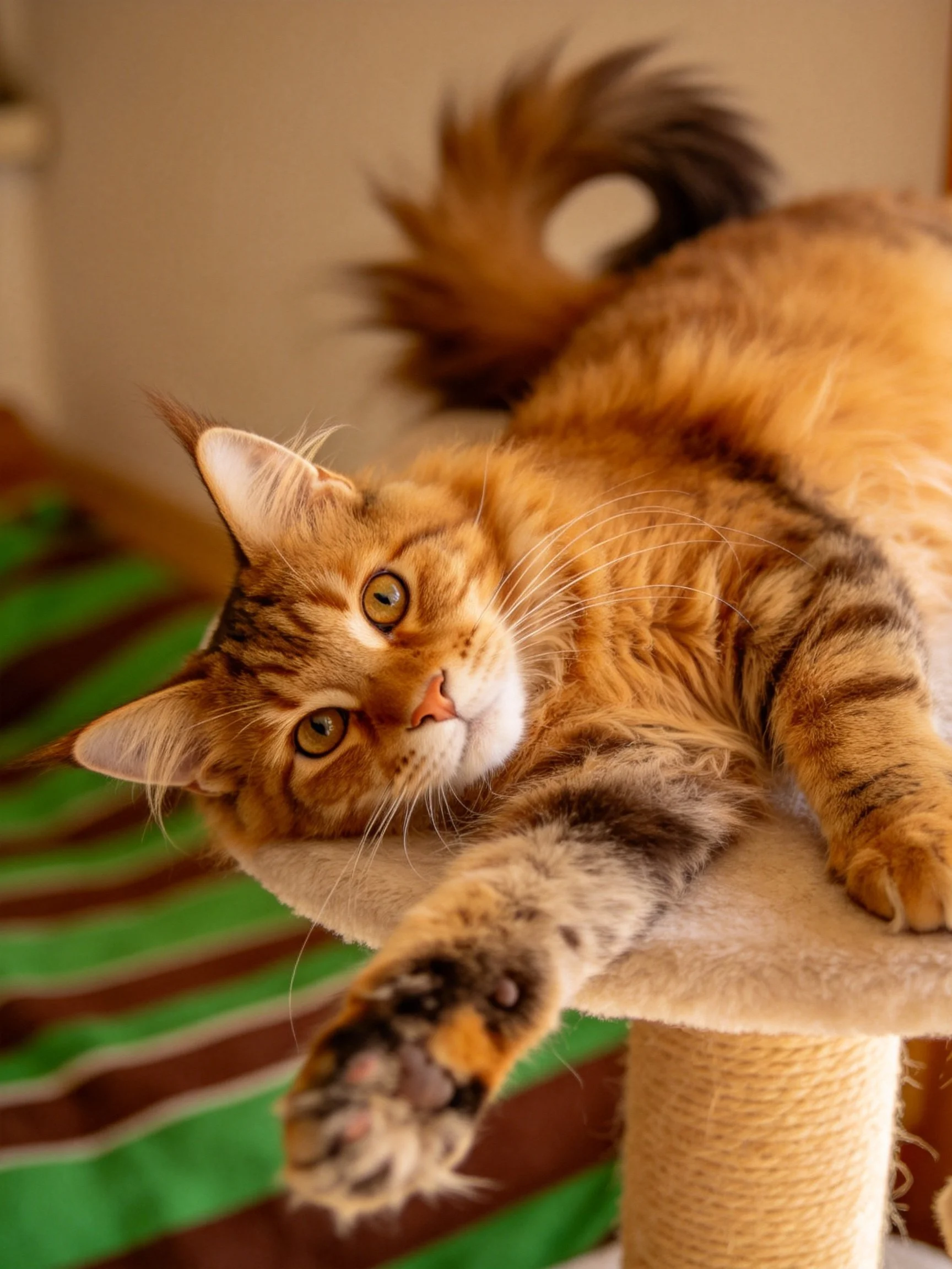 A fluffy orange tabby cat lounging on a scratching post