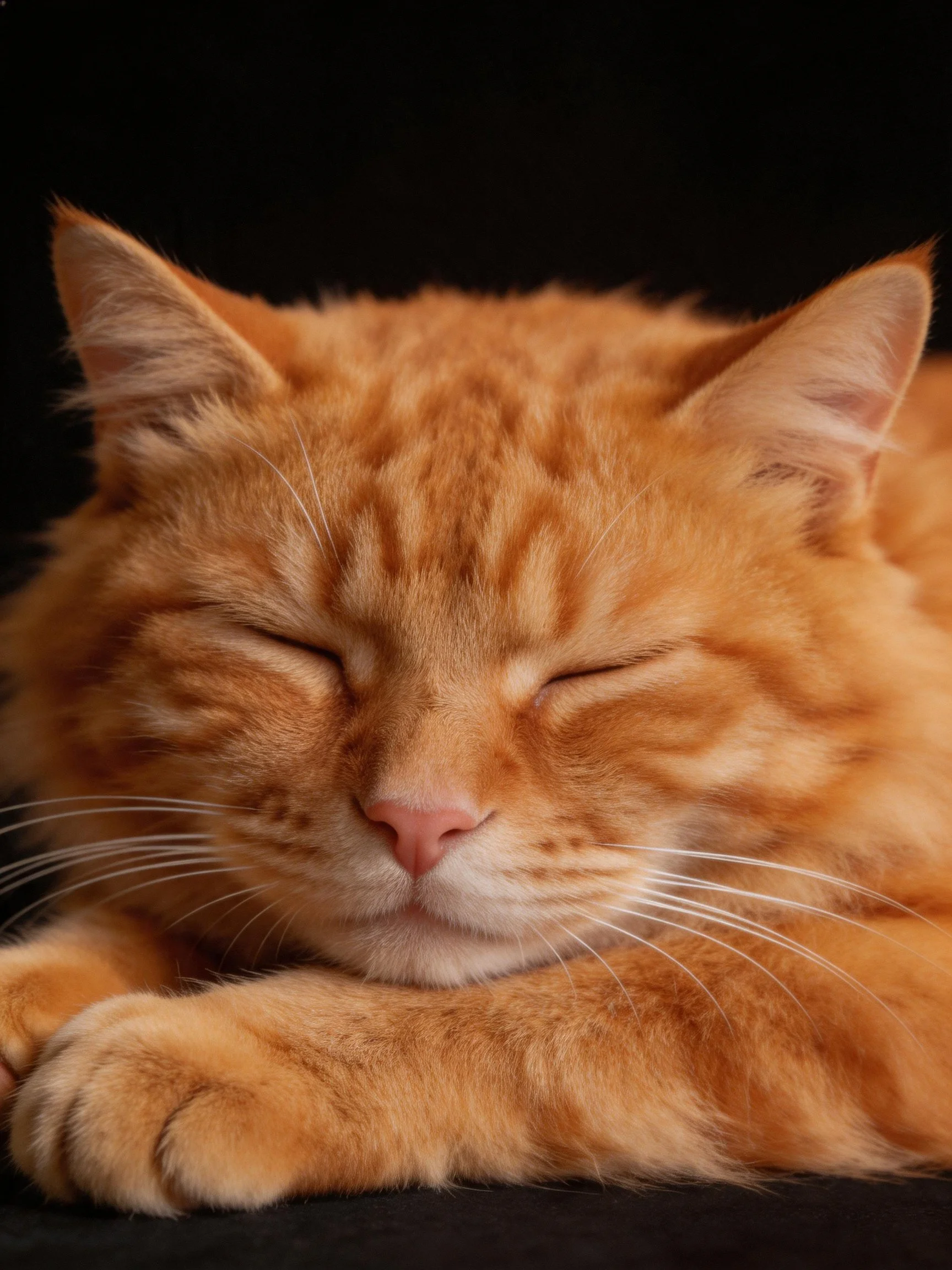 A fluffy orange tabby cat peacefully resting with closed eyes