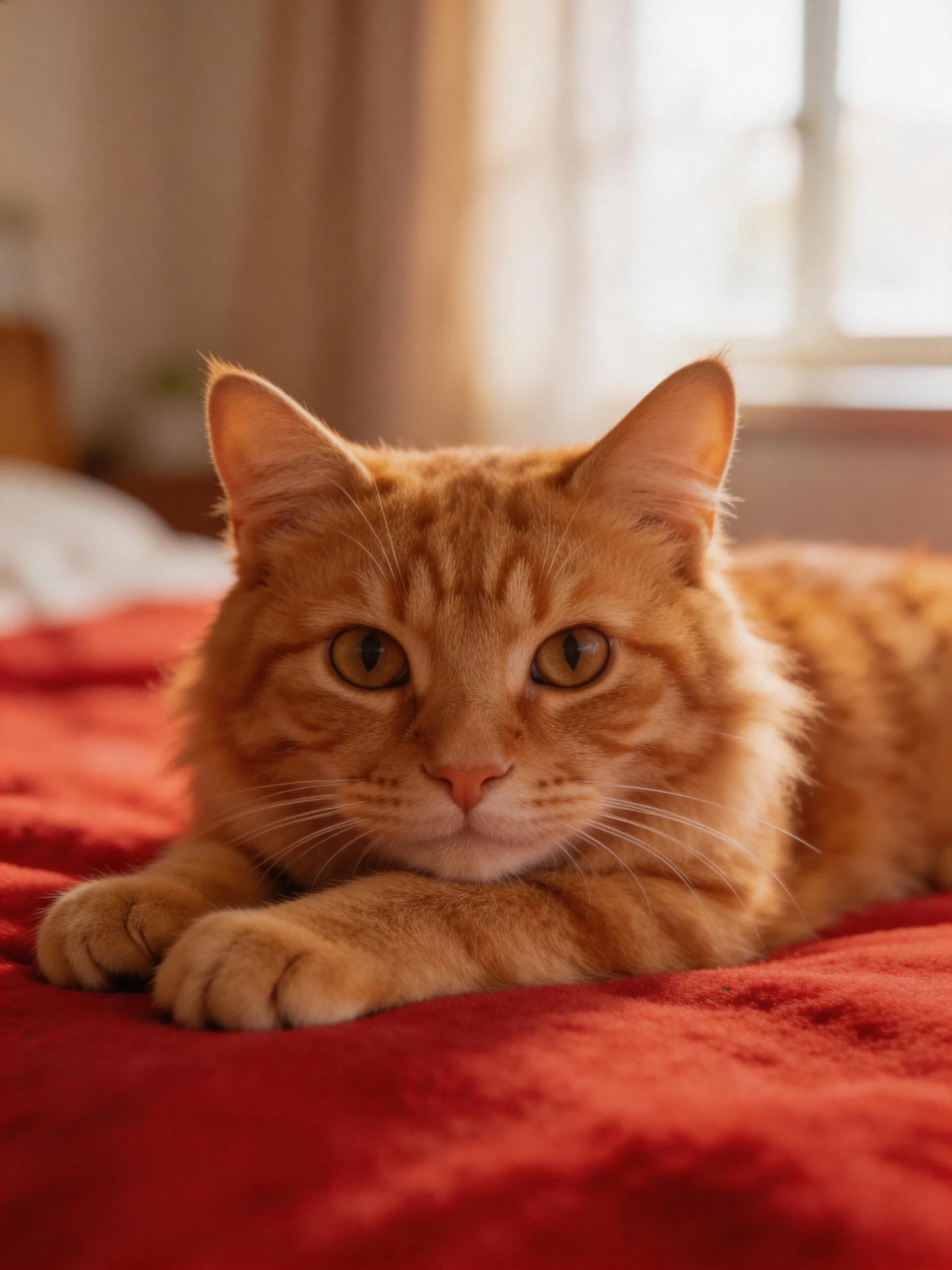 A fluffy orange tabby cat resting on a red bedspread near a window