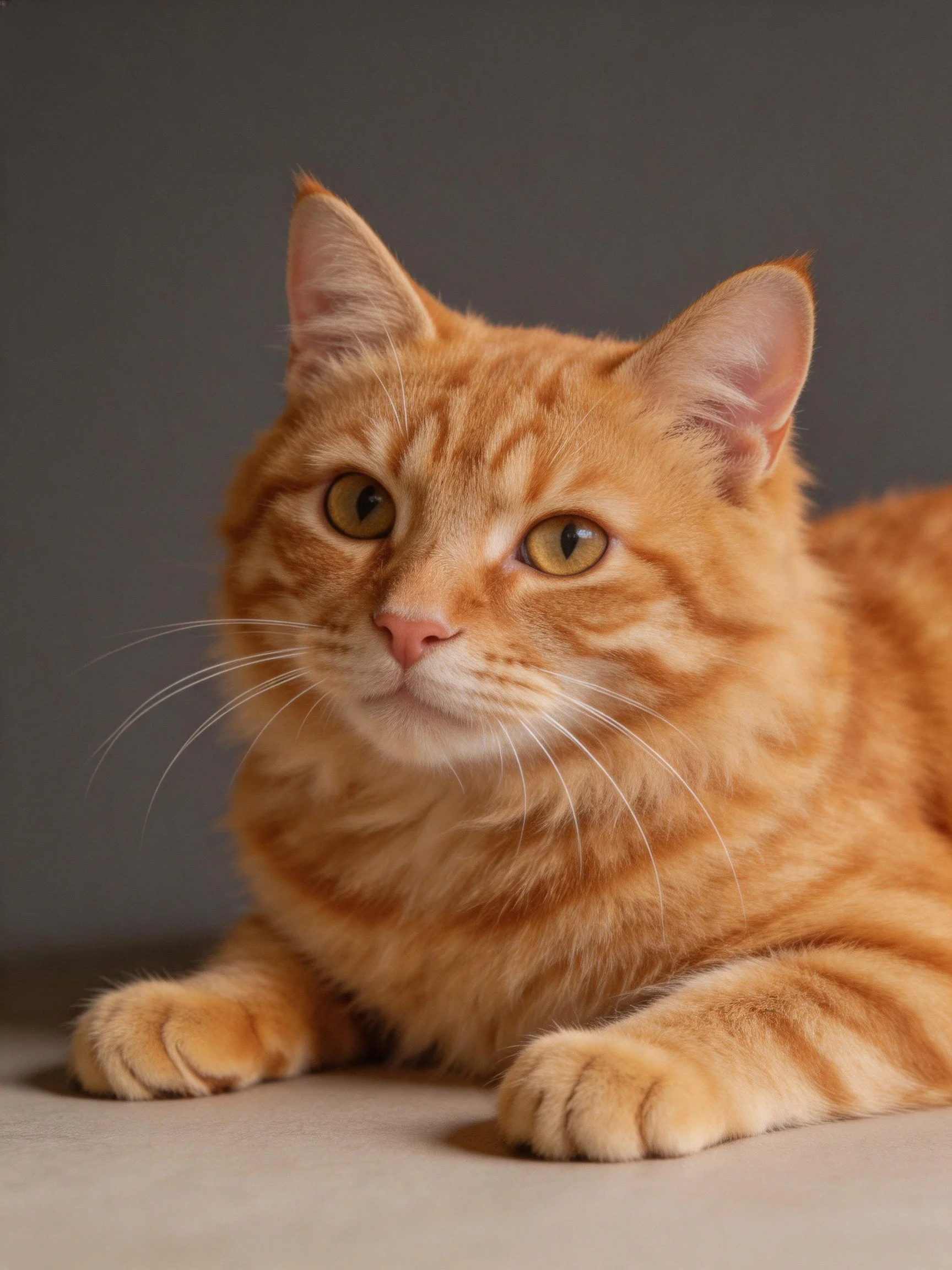 A fluffy orange tabby cat lies calmly against a plain gray background.