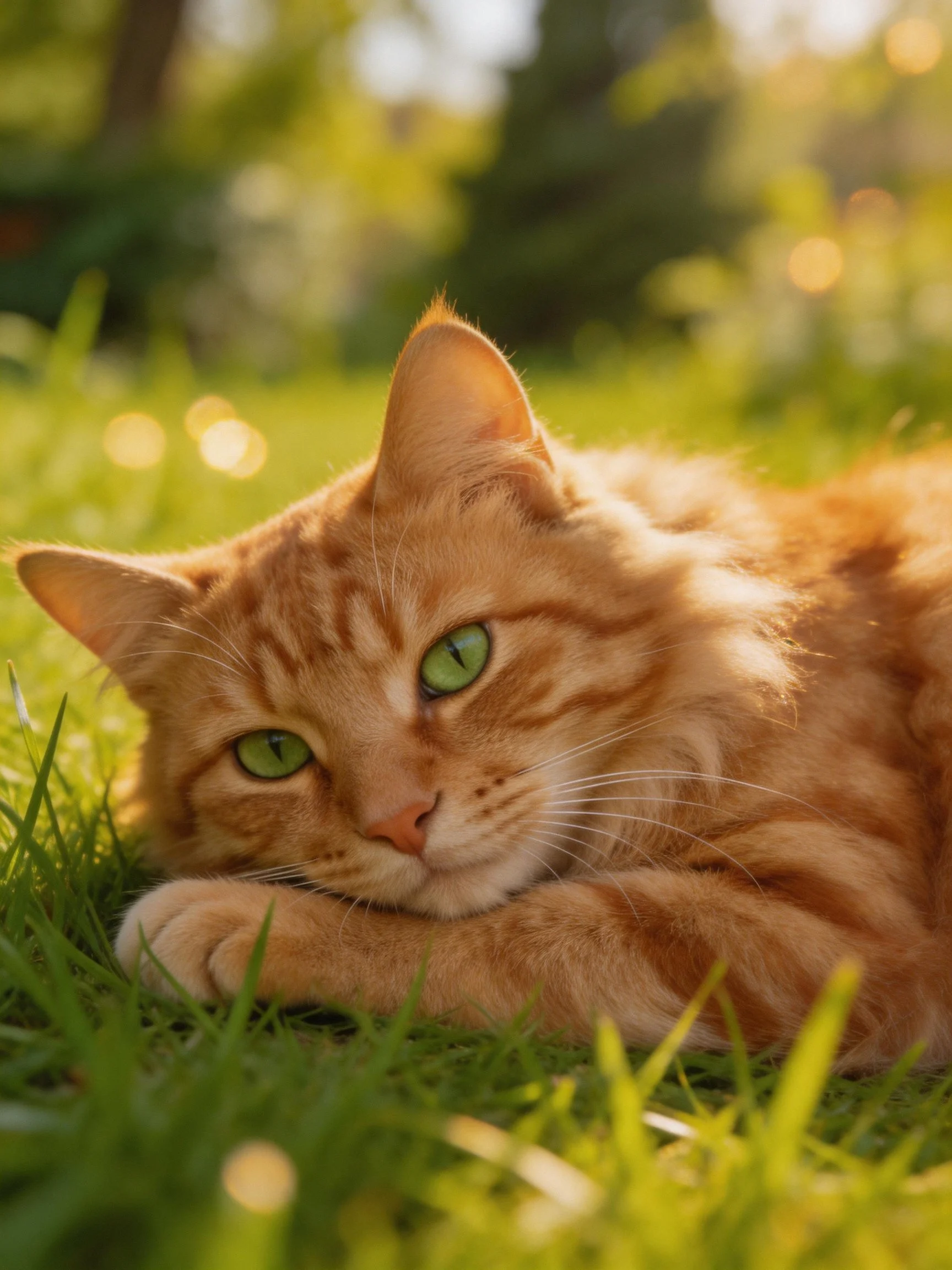 A relaxed orange tabby cat lies on green grass in a sunlit outdoor setting.