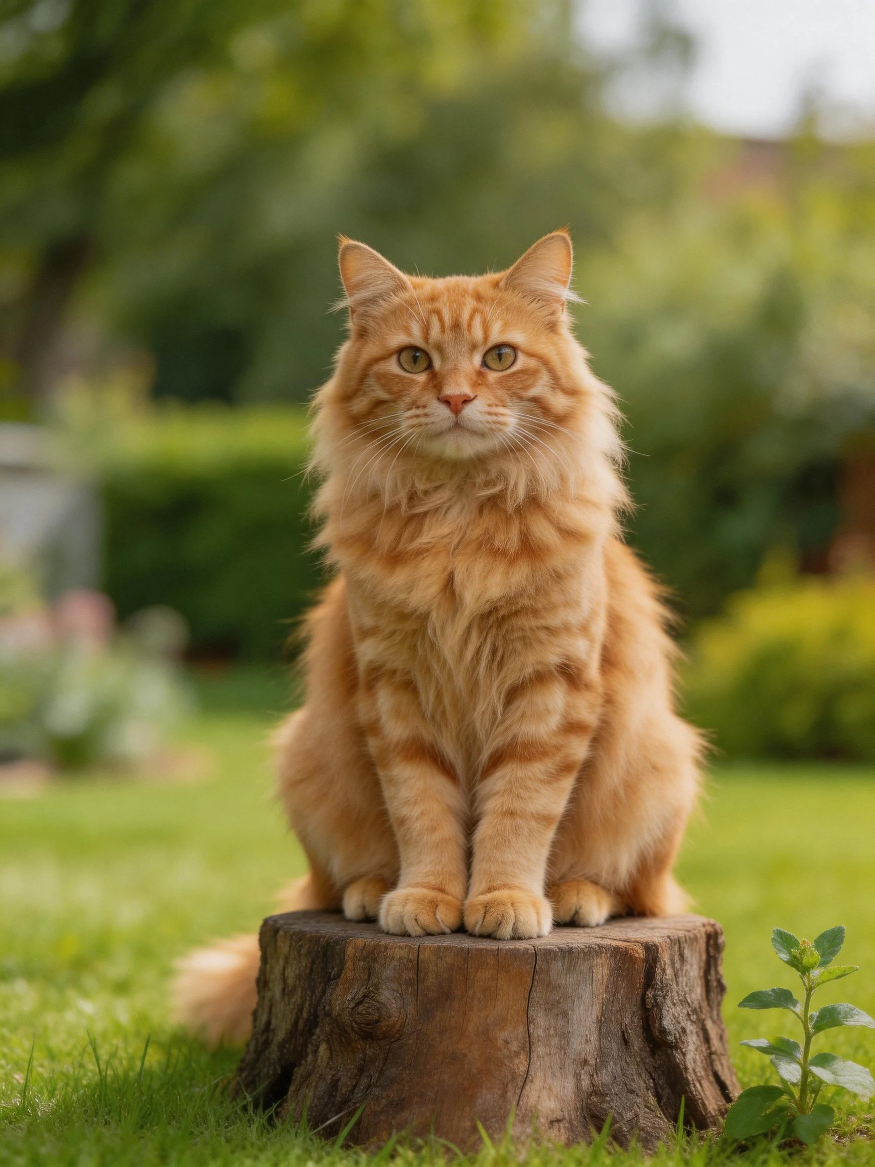 An orange tabby cat sits calmly on a wooden tree stump amid greenery.