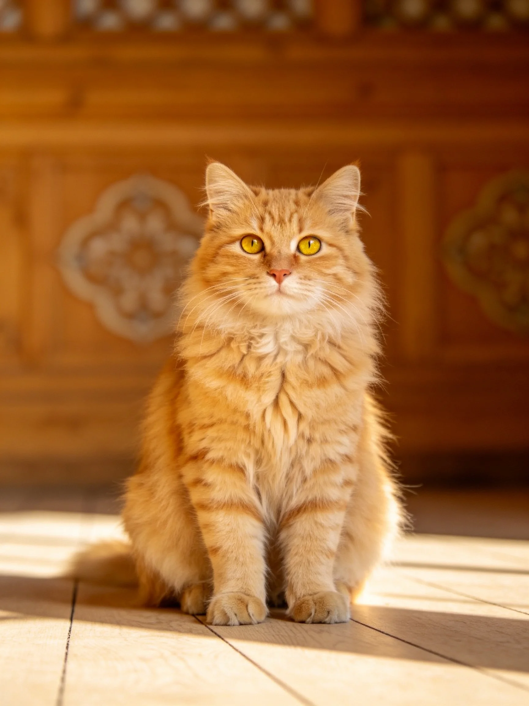 A fluffy orange tabby cat sits calmly in warm sunlight near wooden decor.
