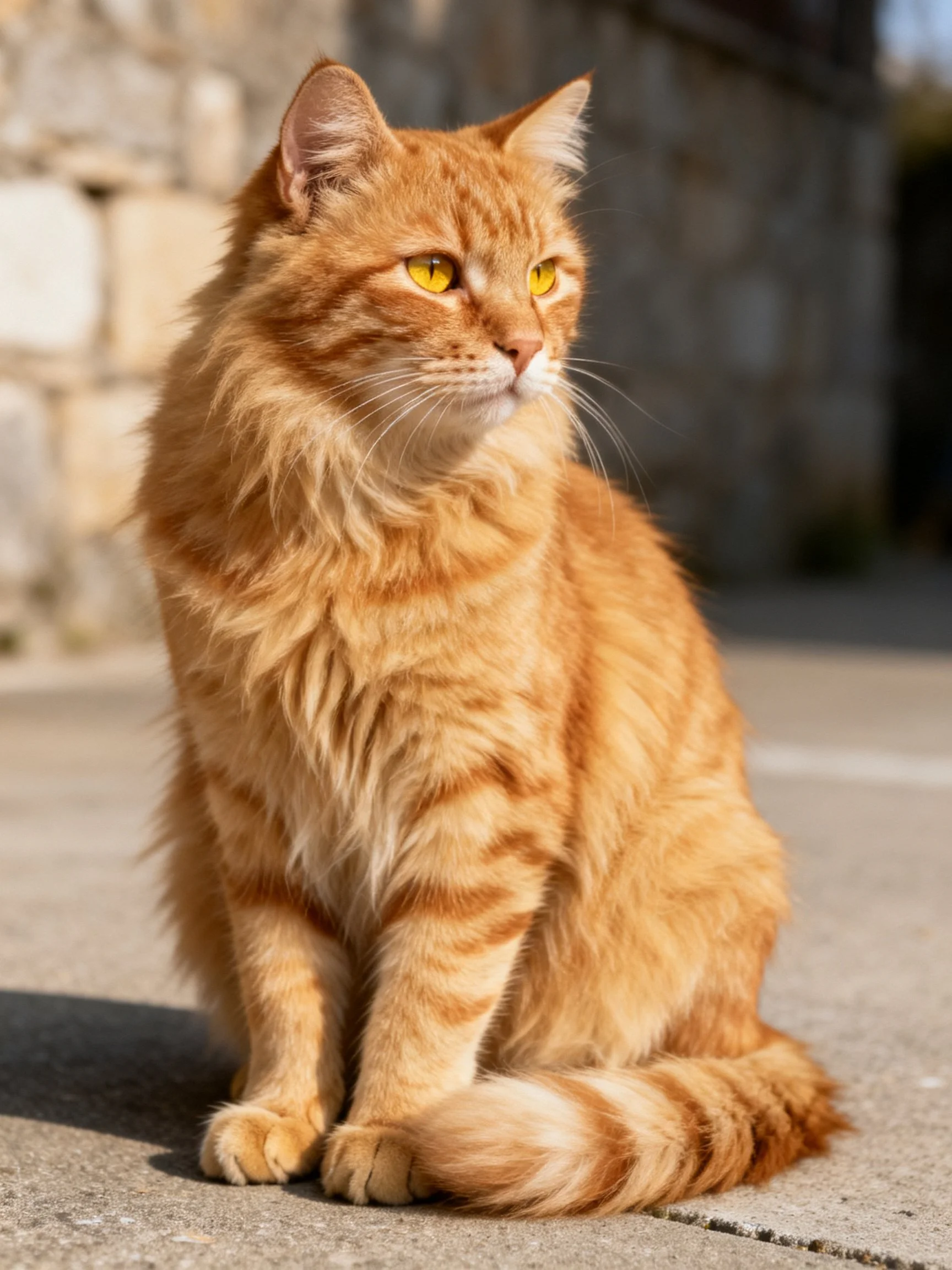 An orange tabby cat sits calmly on concrete beside stone structures