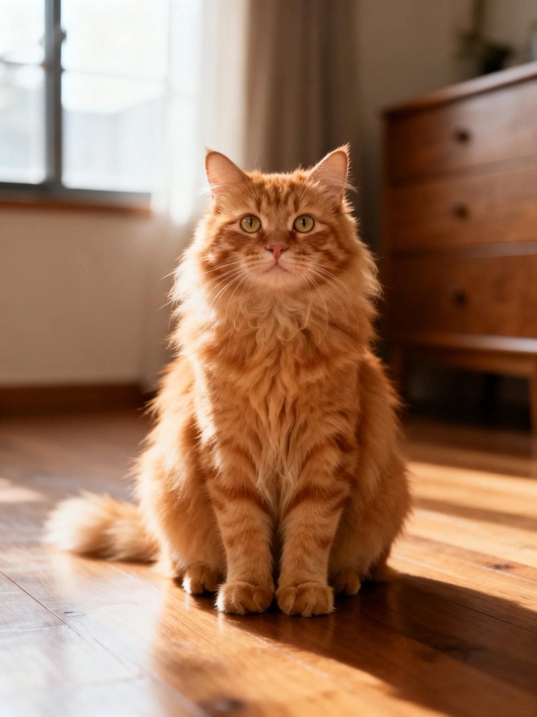 A fluffy orange tabby cat sits calmly on a sunlit wooden floor.