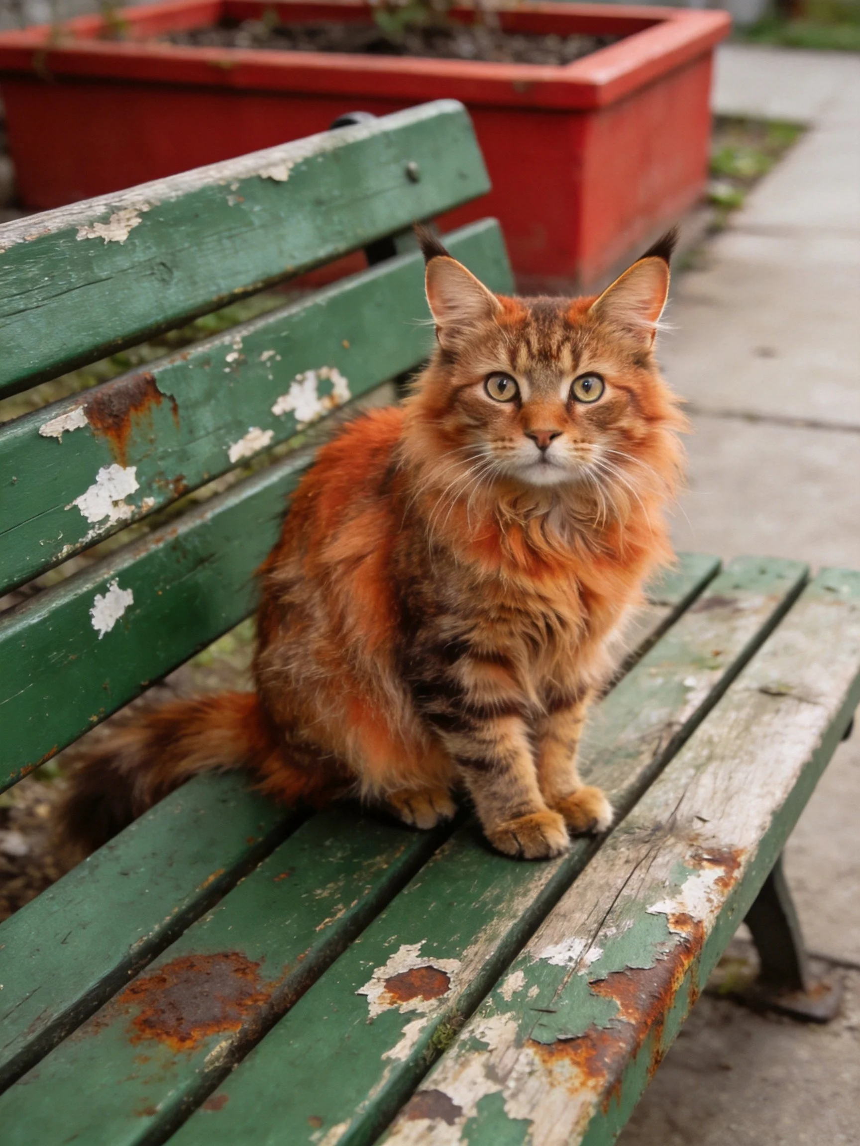 An orange tabby cat sits on a worn green park bench outdoors.