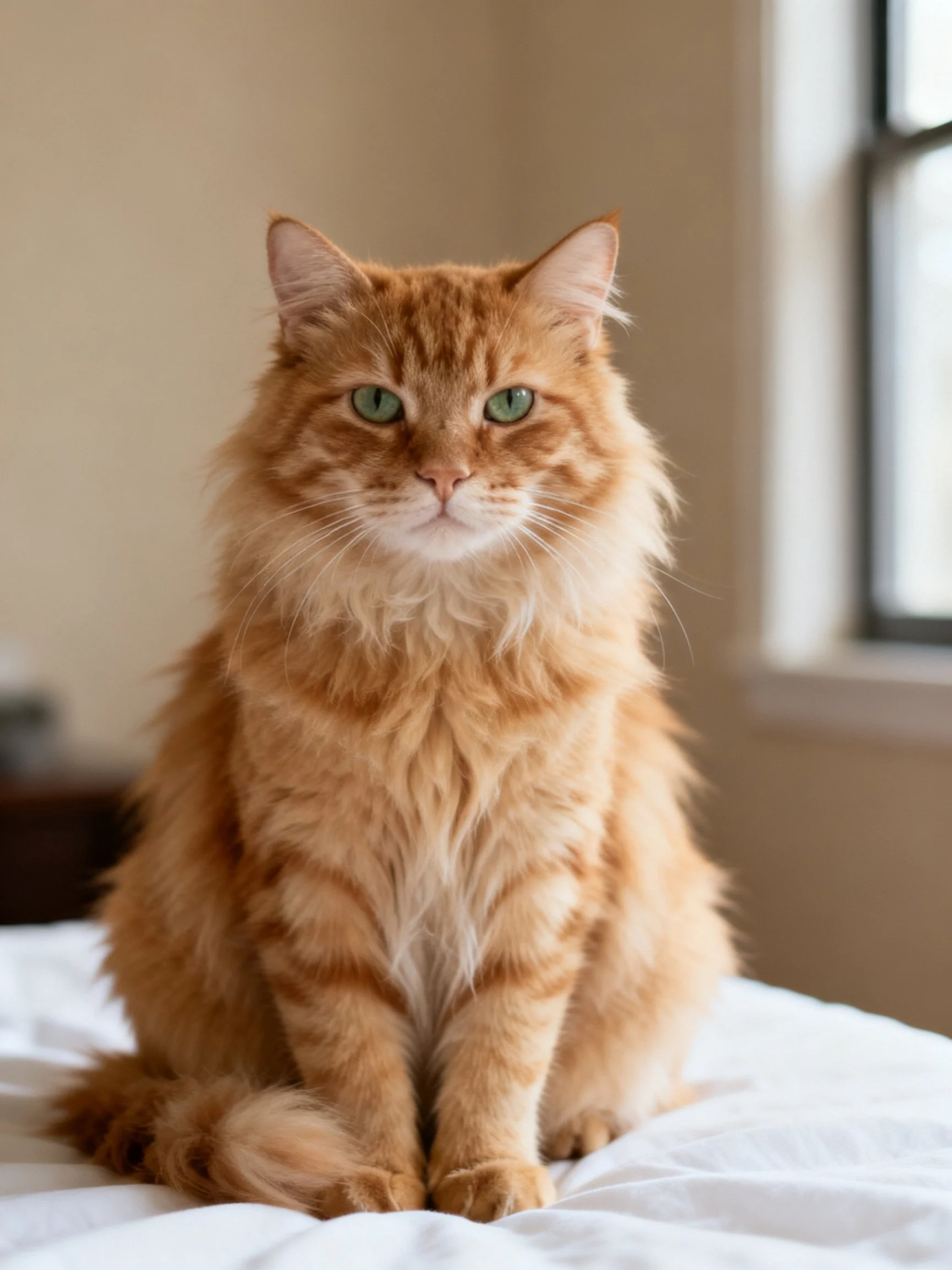 A fluffy orange tabby cat sits calmly on a white bed in a softly lit room.