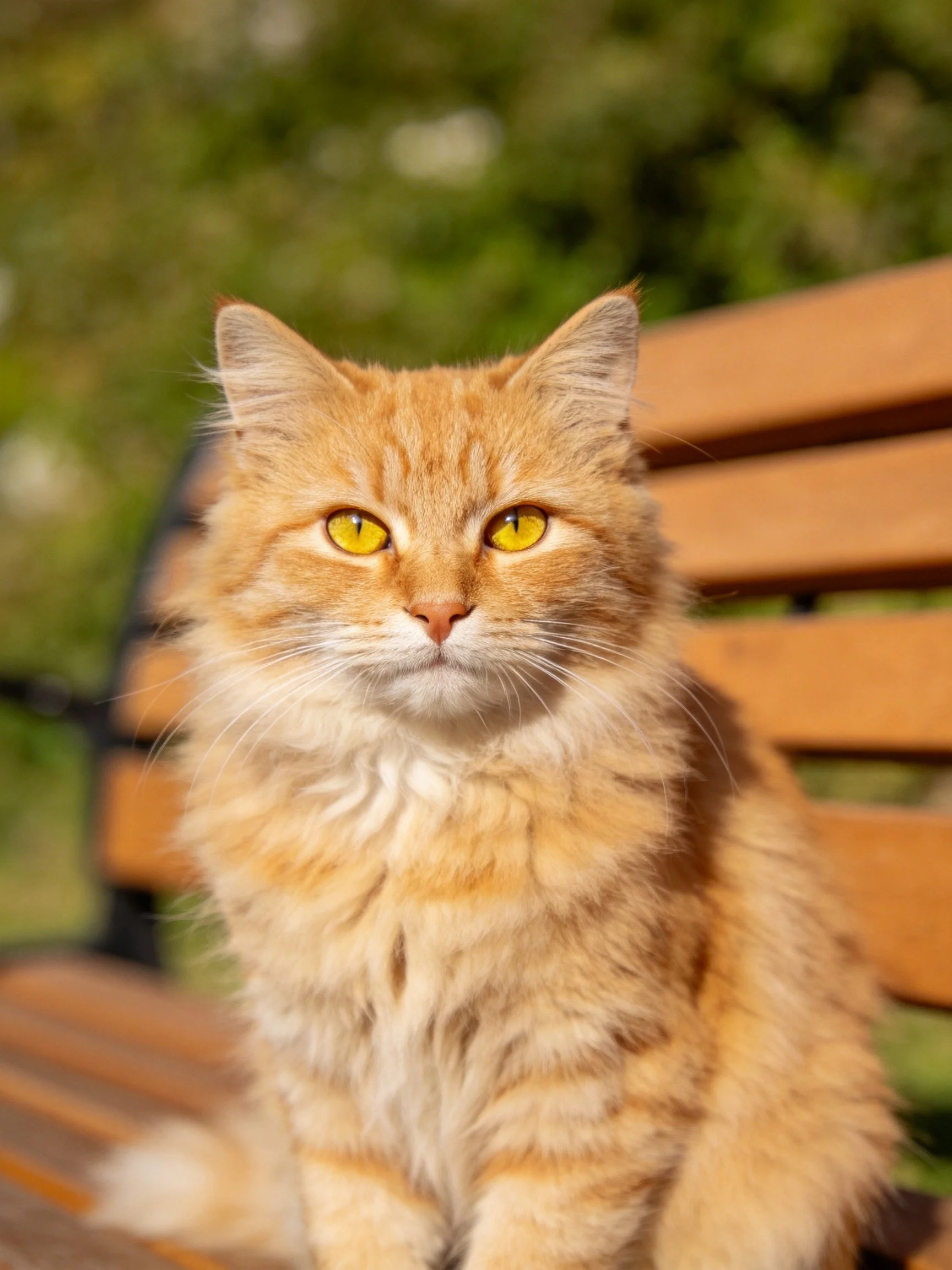 An orange tabby cat relaxes on a wooden bench in a sunny outdoor setting.