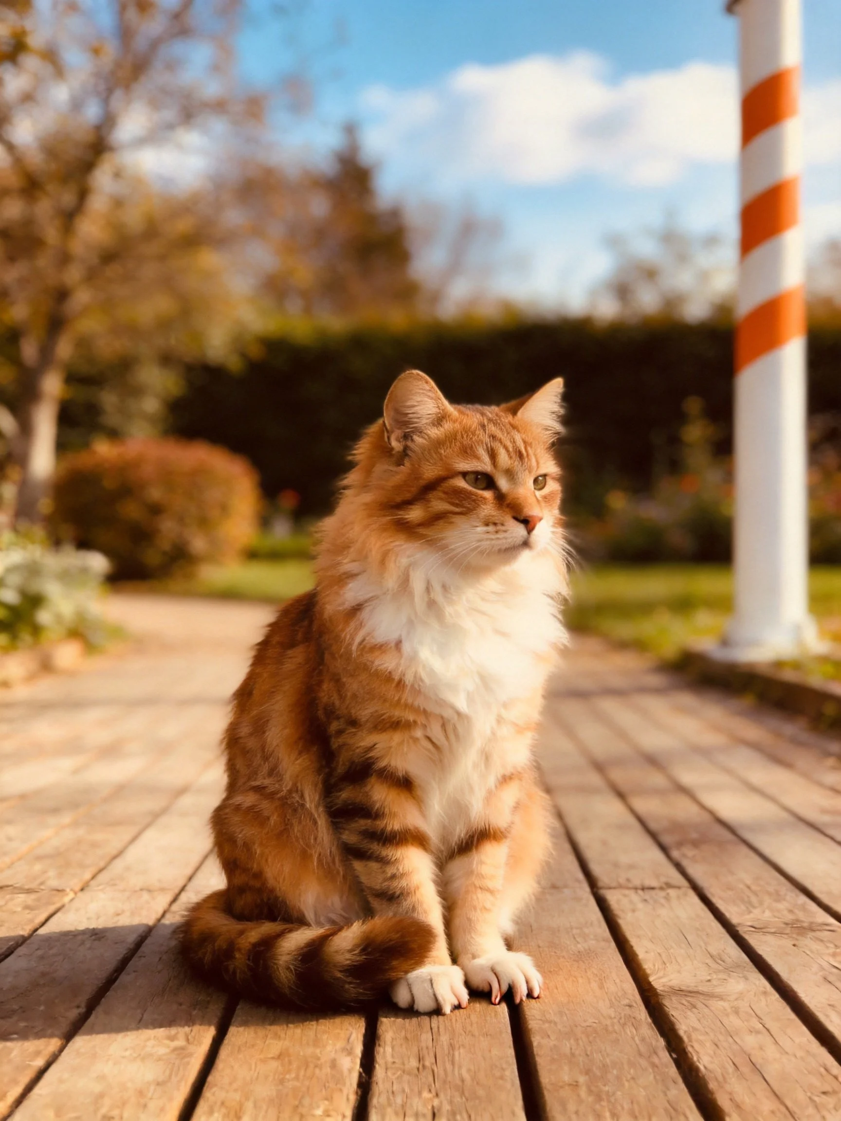 An orange tabby cat sits calmly on a wooden path amid greenery under bright sunlight.