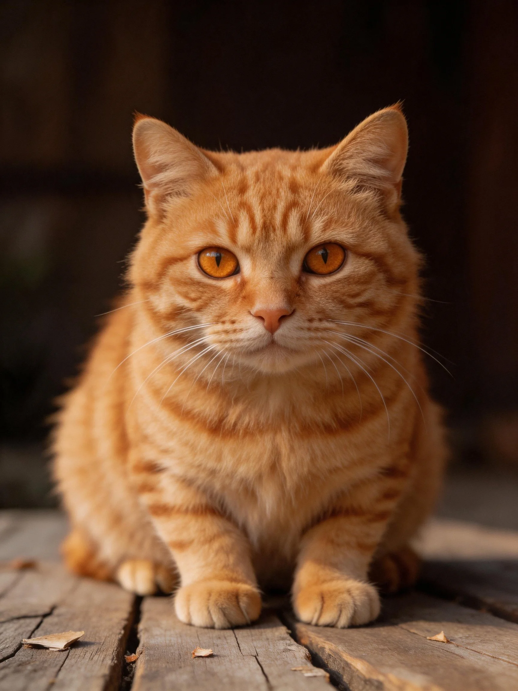 An orange tabby cat rests quietly on worn wooden boards