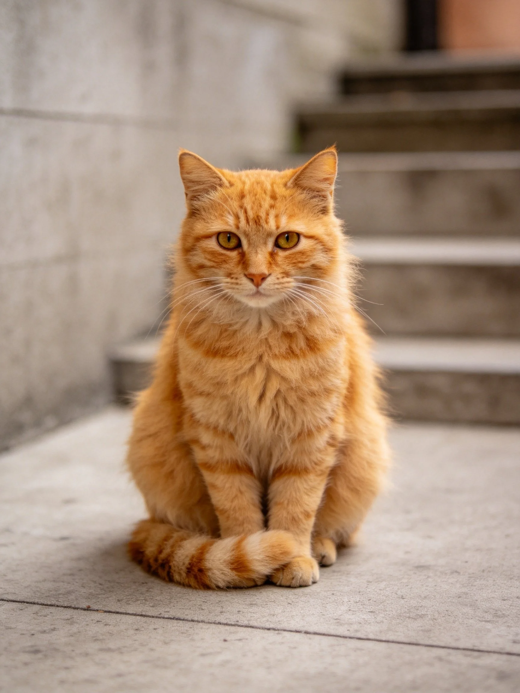 An orange tabby cat sits calmly on concrete beside stone steps.