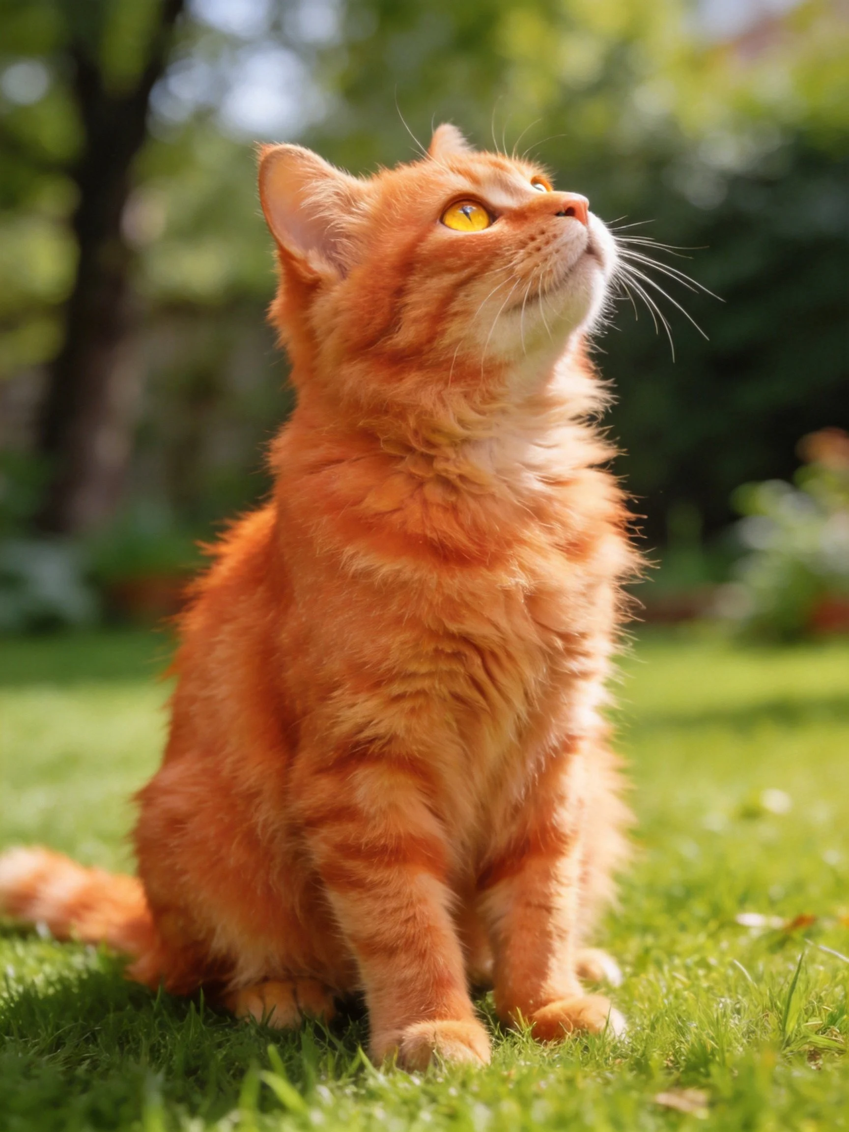 An orange tabby cat sits on grass, gazing upward in a sunlit area