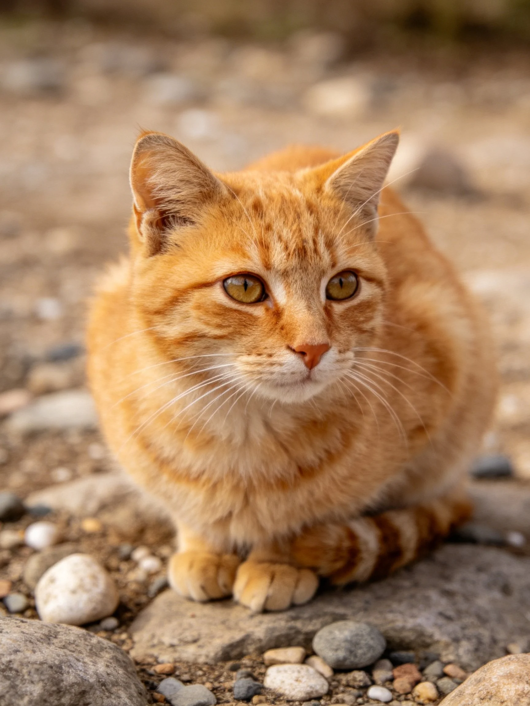 An orange tabby cat restscalmly among rocks in an outdoor area
