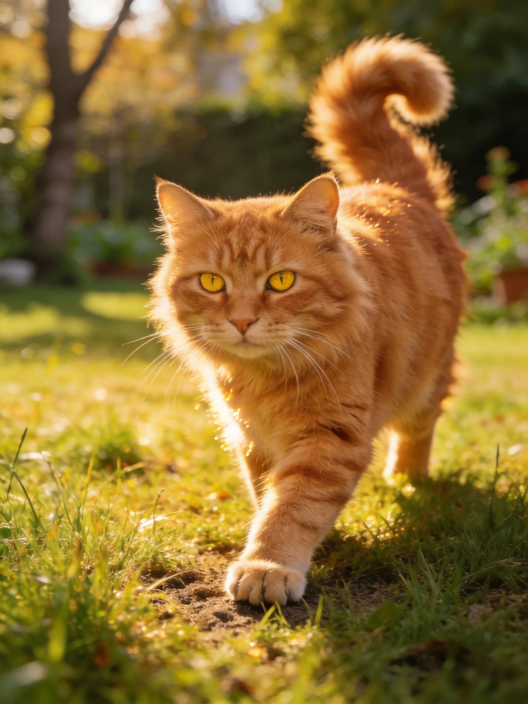 A fluffy orange tabby cat strolls through a sunlit garden