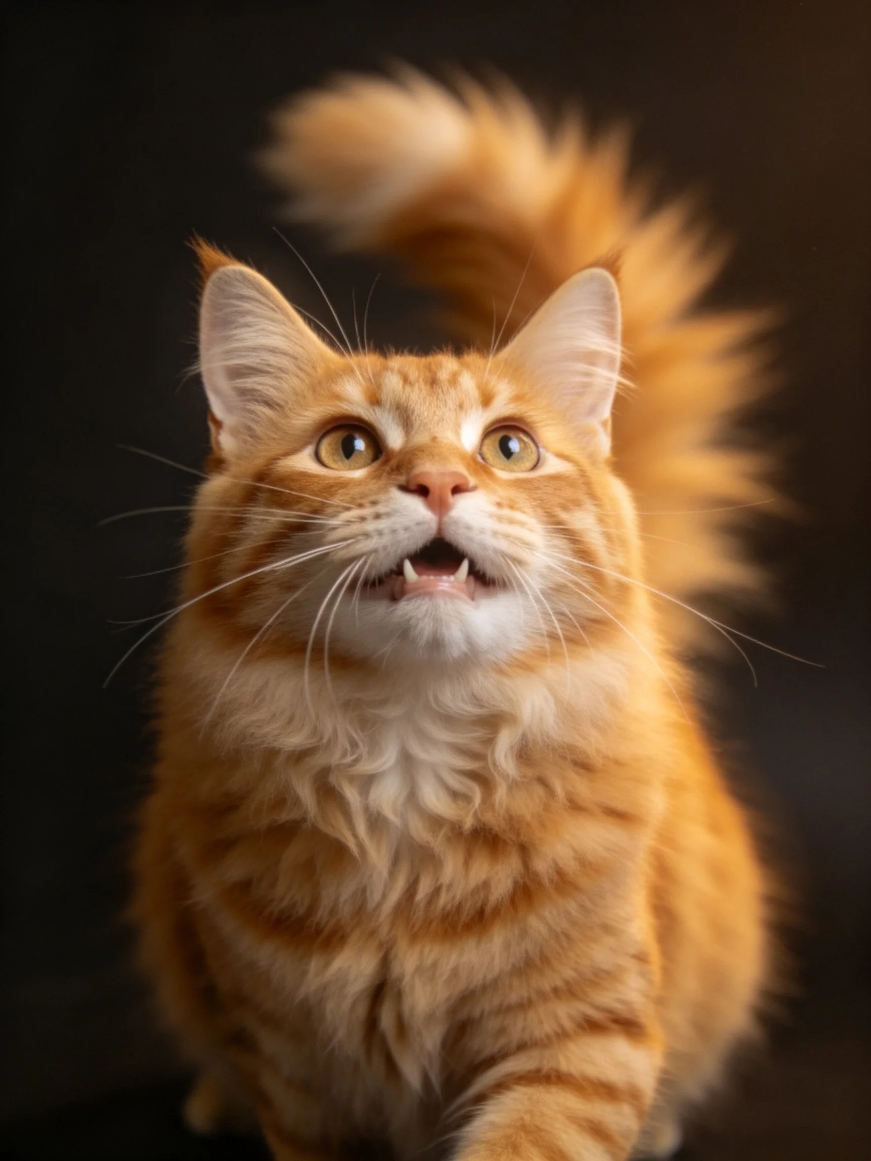A fluffy orange tabby cat looks upward with mouth open.