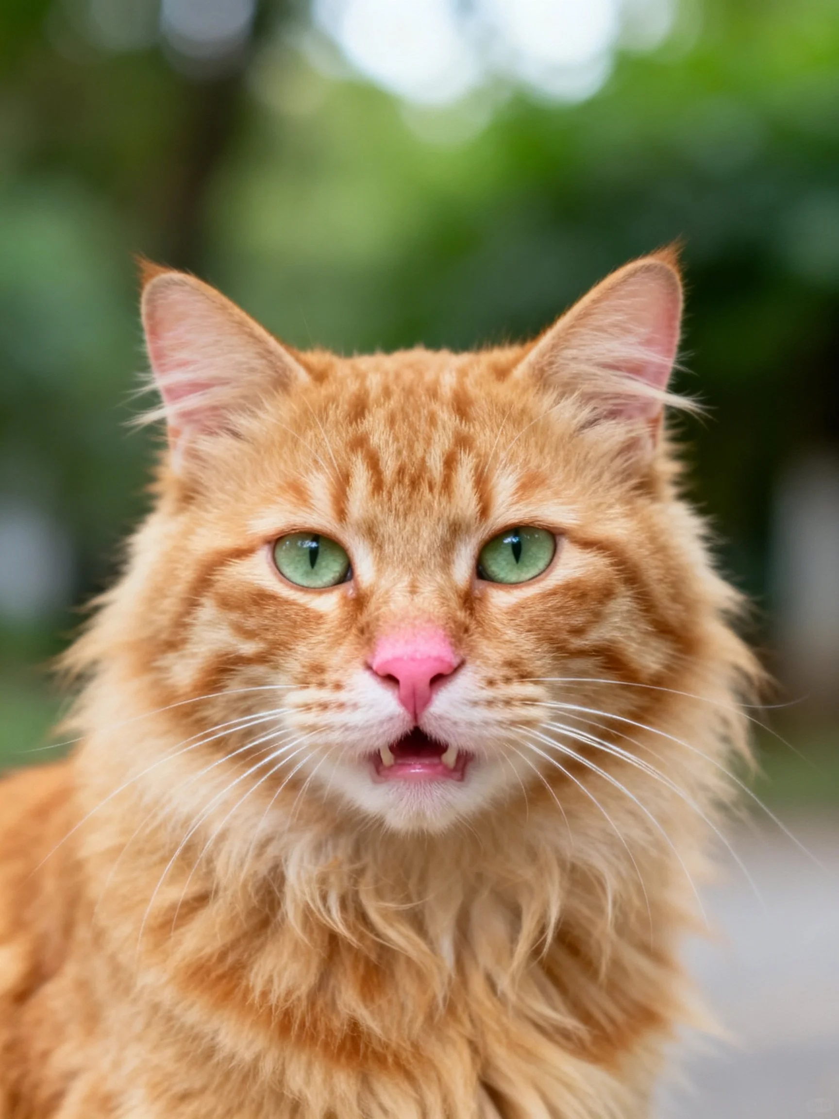 A fluffy orange cat with green eyes is photographed outdoors with a blurred green backdrop.