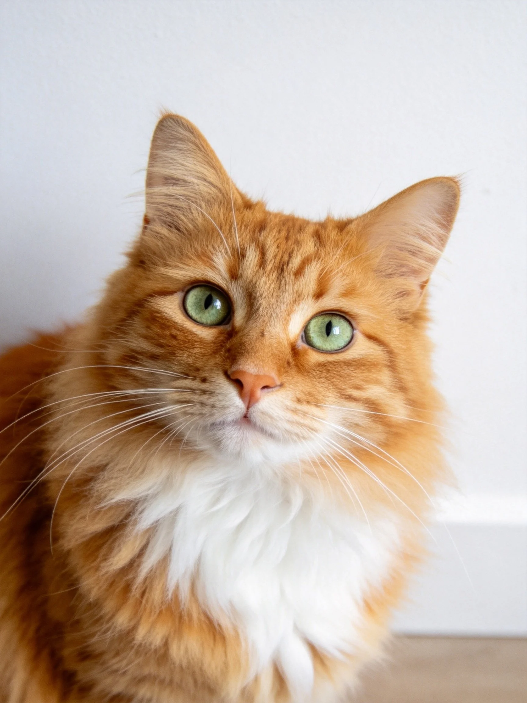 A fluffy orange tabby cat looks directly at the camera with green eyes.