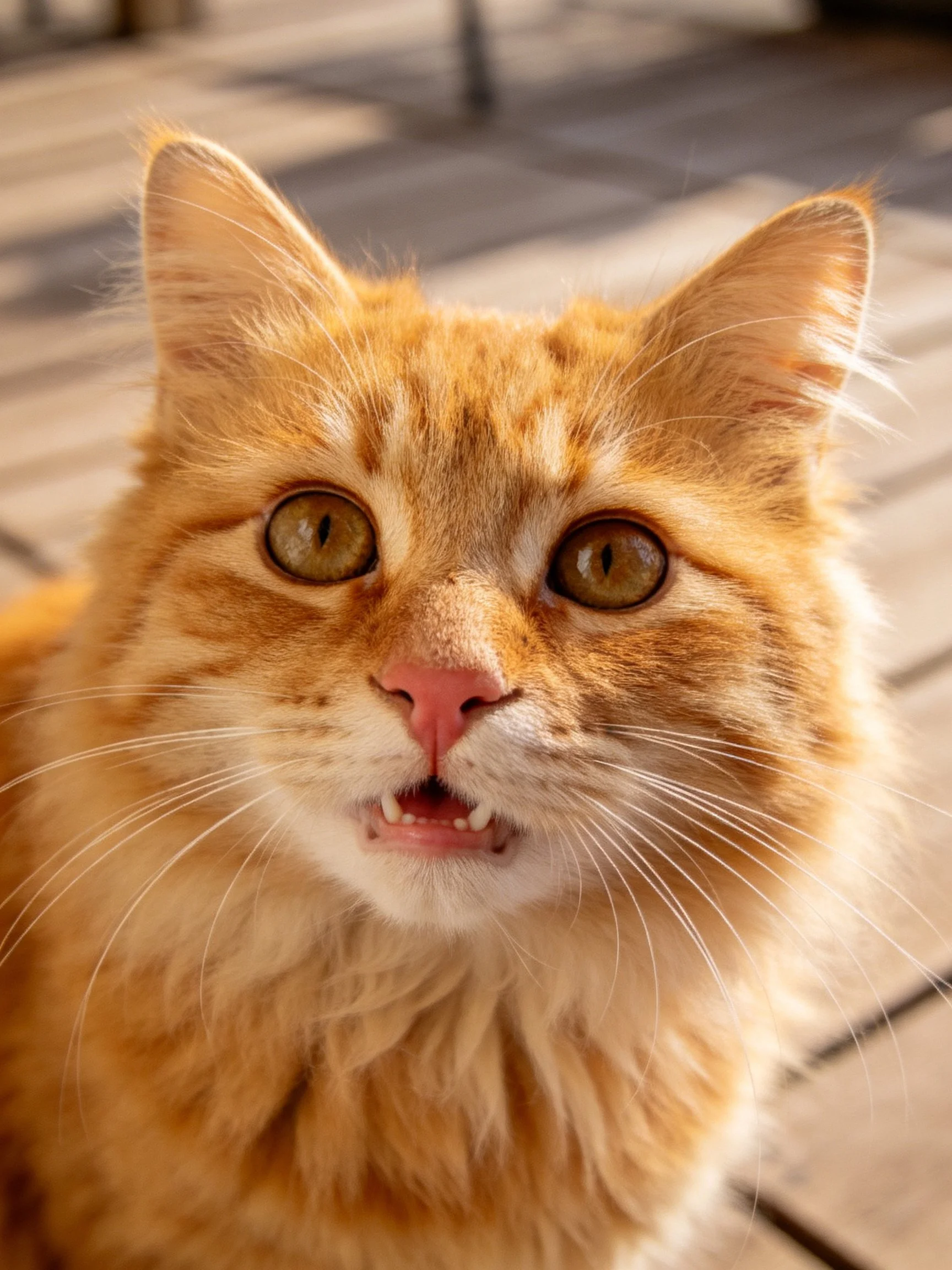 Close - up of a fluffy orange tabby cat with green eyes on wooden planks.