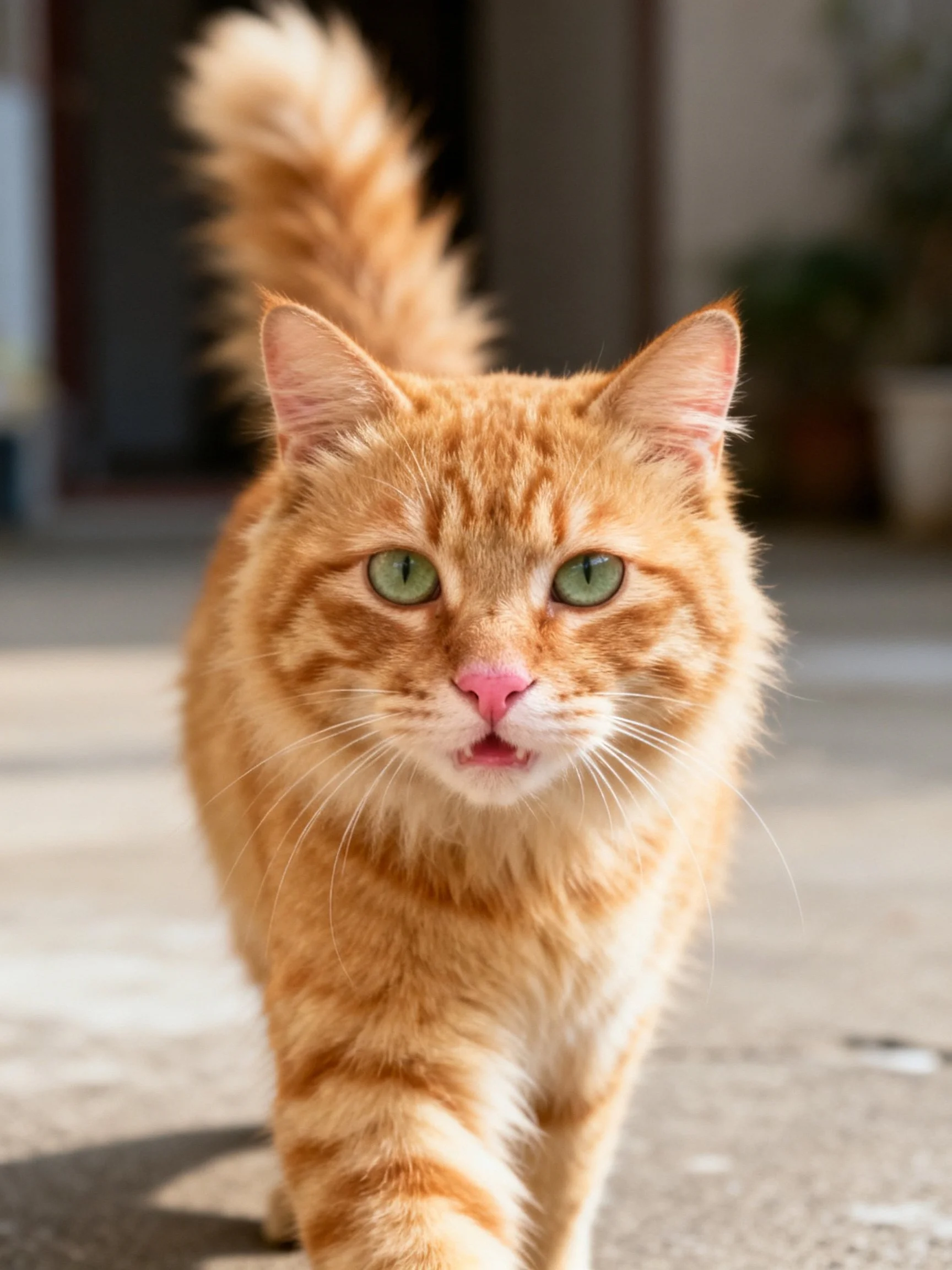 An orange tabby cat with green eyes moves forward inan outdoor area.