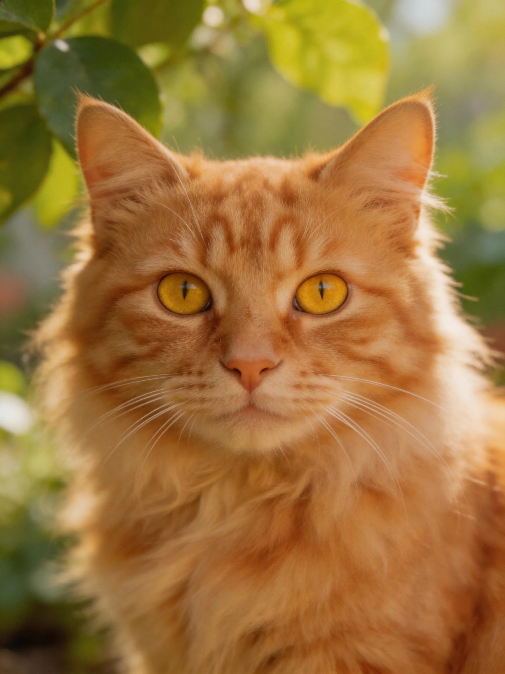 A close-up of a fluffy orange tabby cat with yellow eyes in a sunlit outdoor setting.