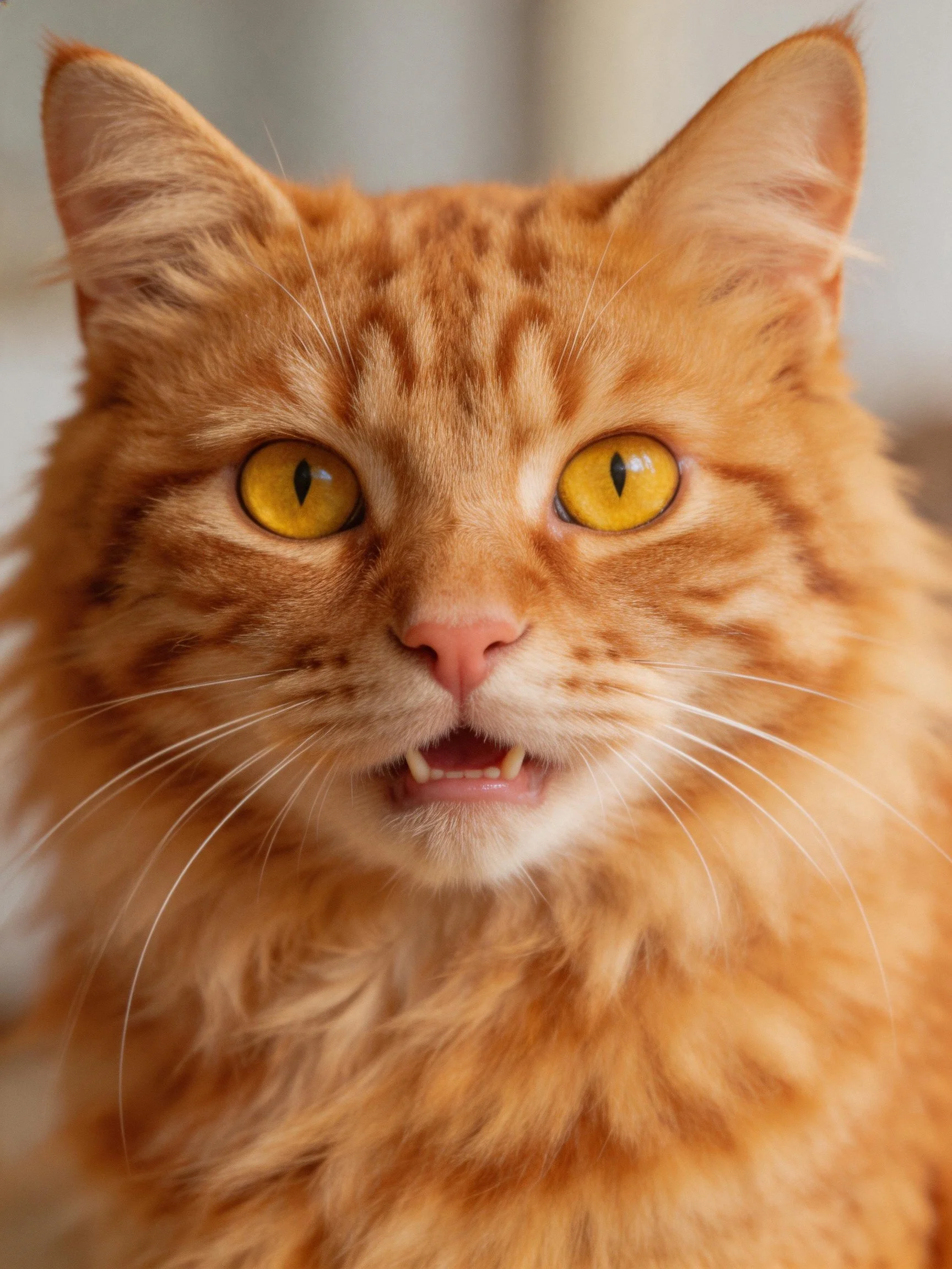 A fluffy orange tabby cat with bright yellow eyes looks directly at the camera.