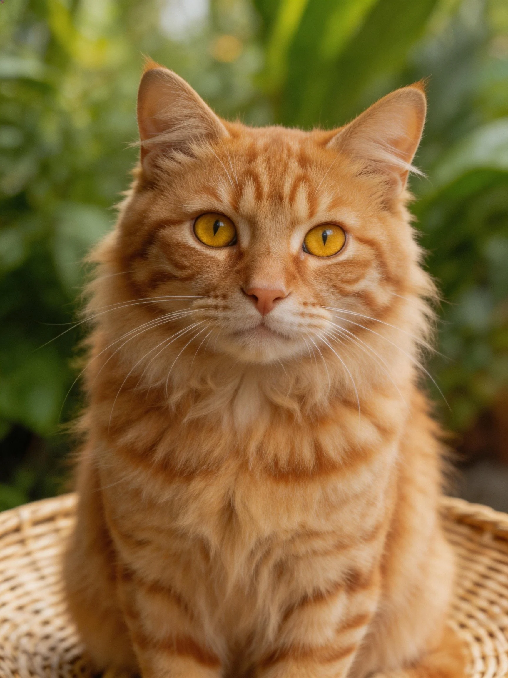 An orange tabby catwith yellow eyes rests in a wicker basket among greenery