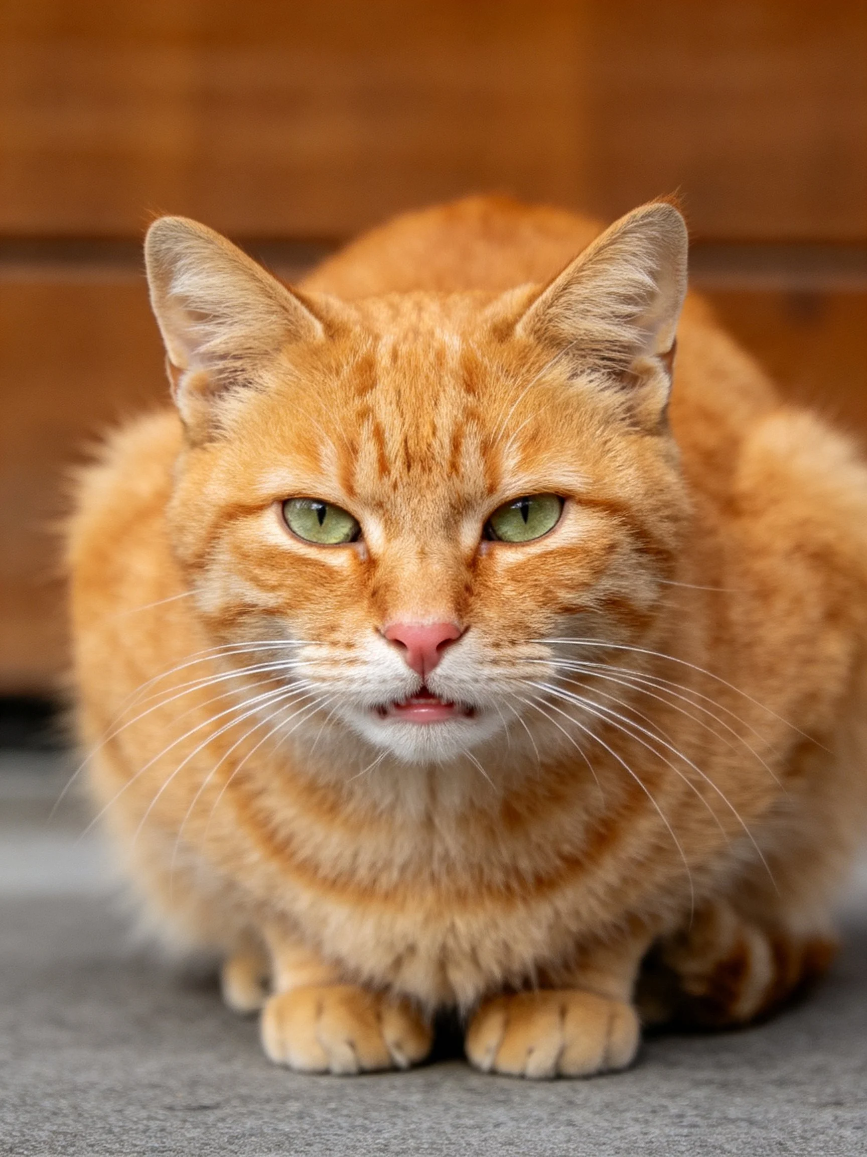 An orange tabby cat with green eyes poses closely for the camera.