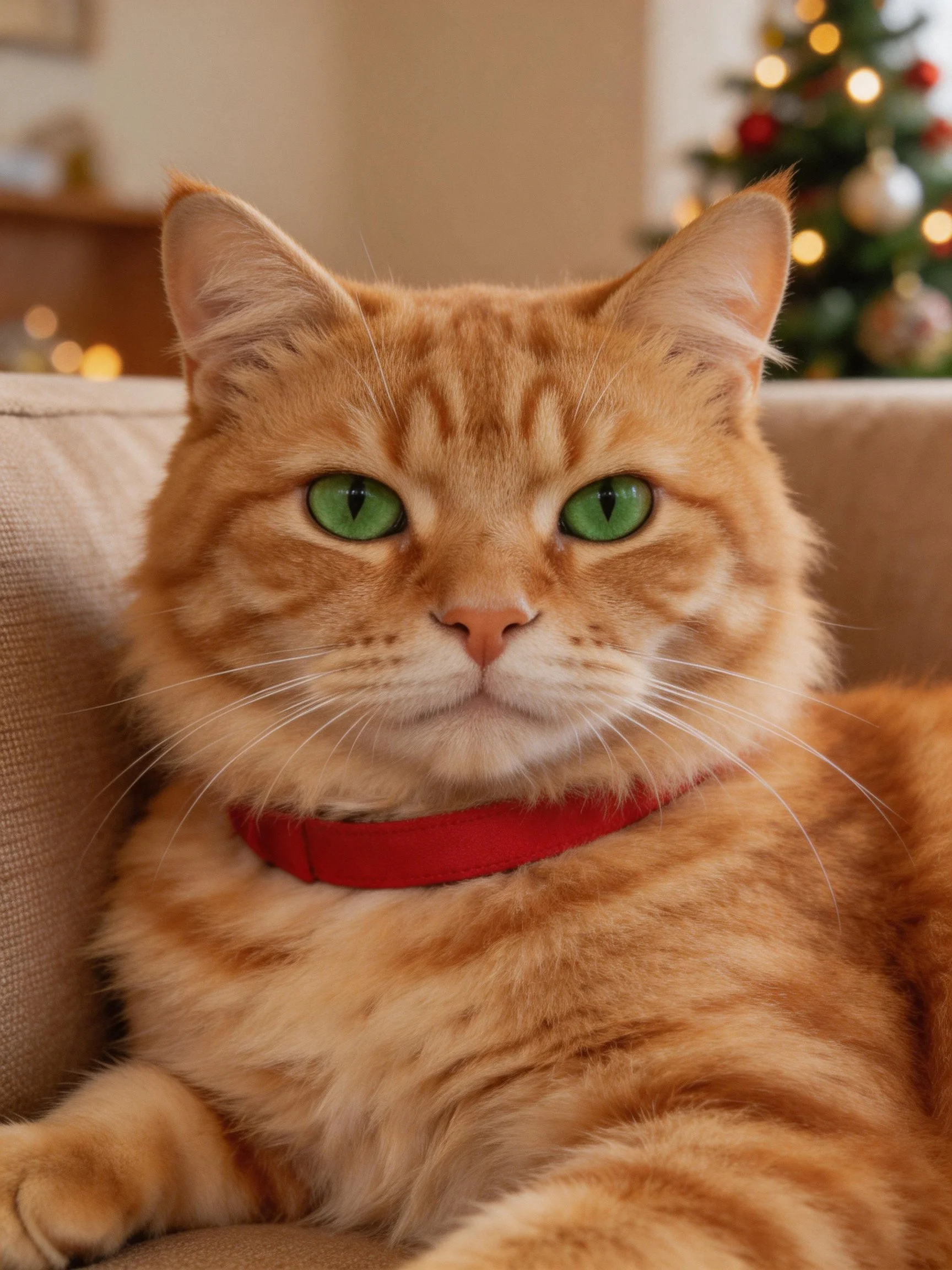 A fluffy orange tabby cat with green eyes relaxes near a decorated Christmas tree.
