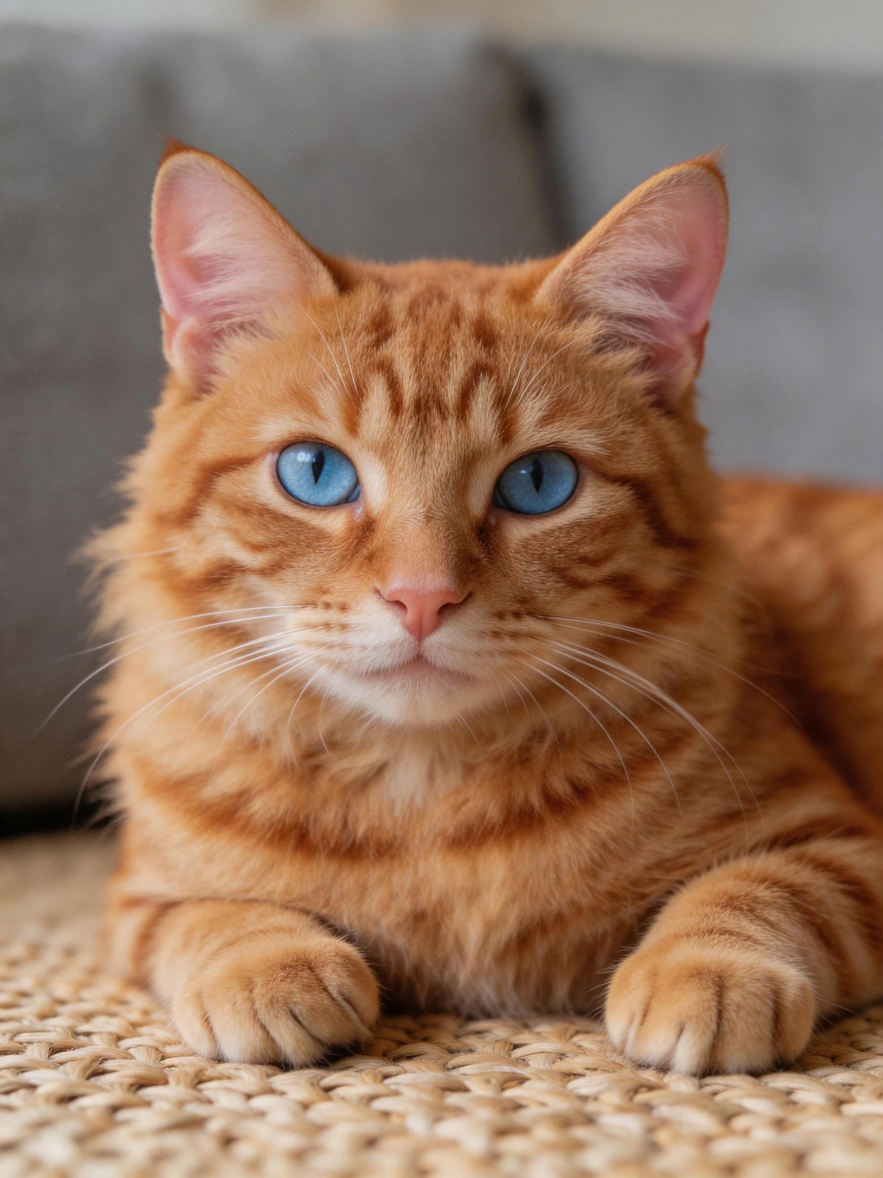 An orange tabby cat with blue eyes rests calmly on a textured surface.